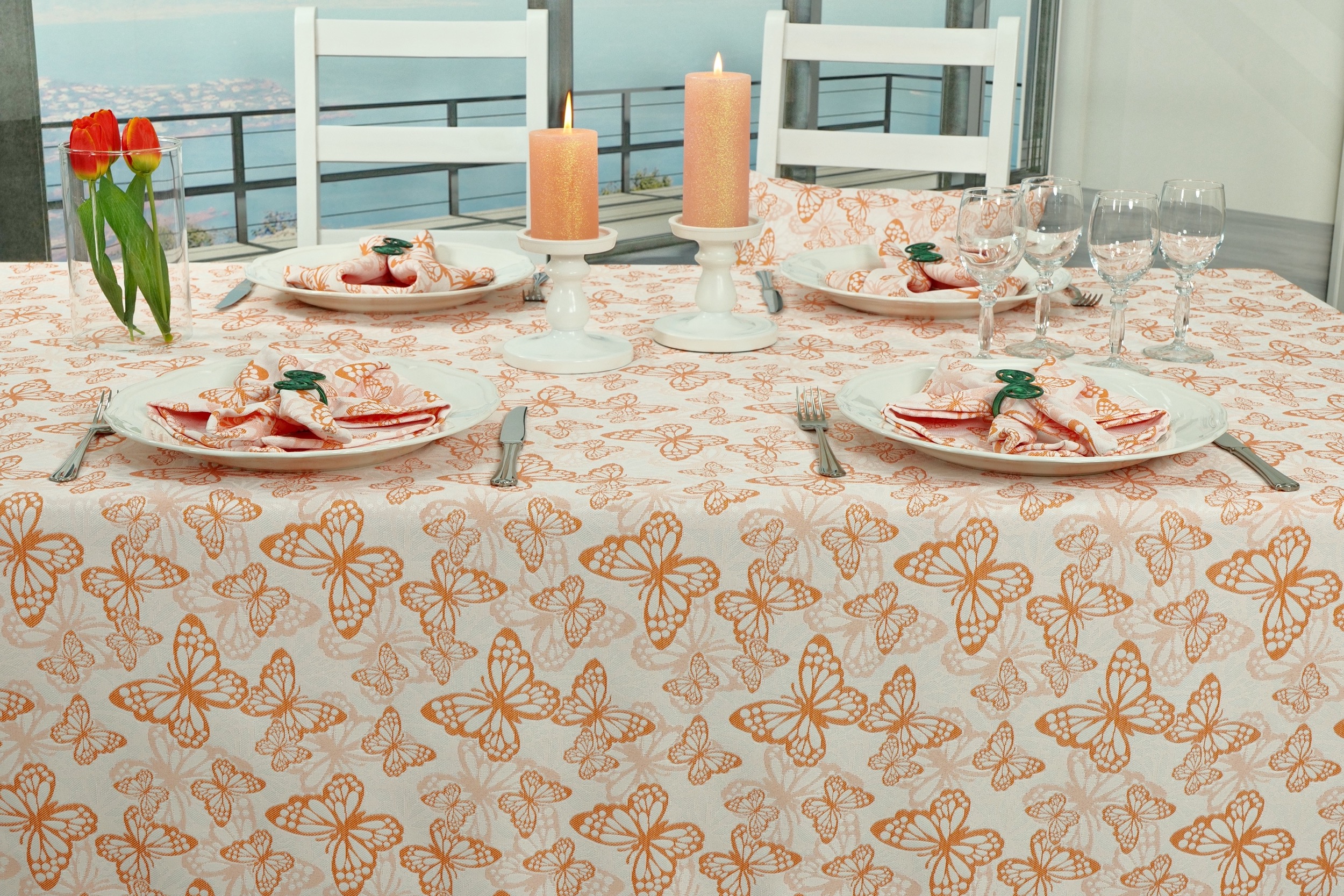 Fleckgeschützte Tischdecke Weiß Orange Muster Springtime Breite 100 cm