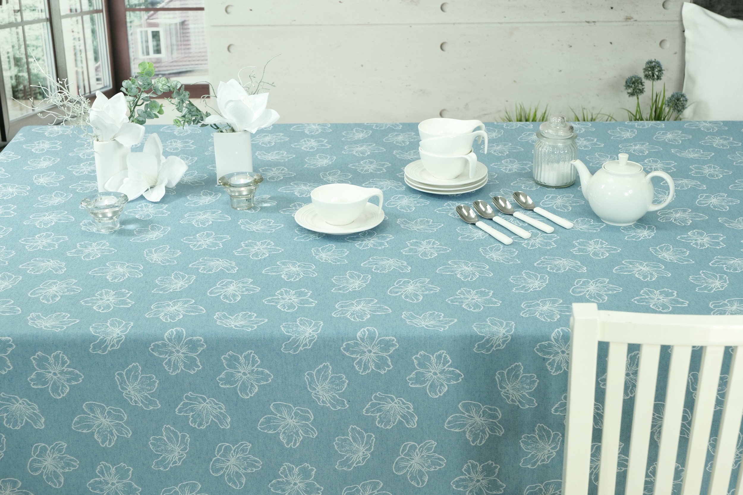 Tischdecke abwaschbar Blau Muster Blumen Adele Breite 110 cm