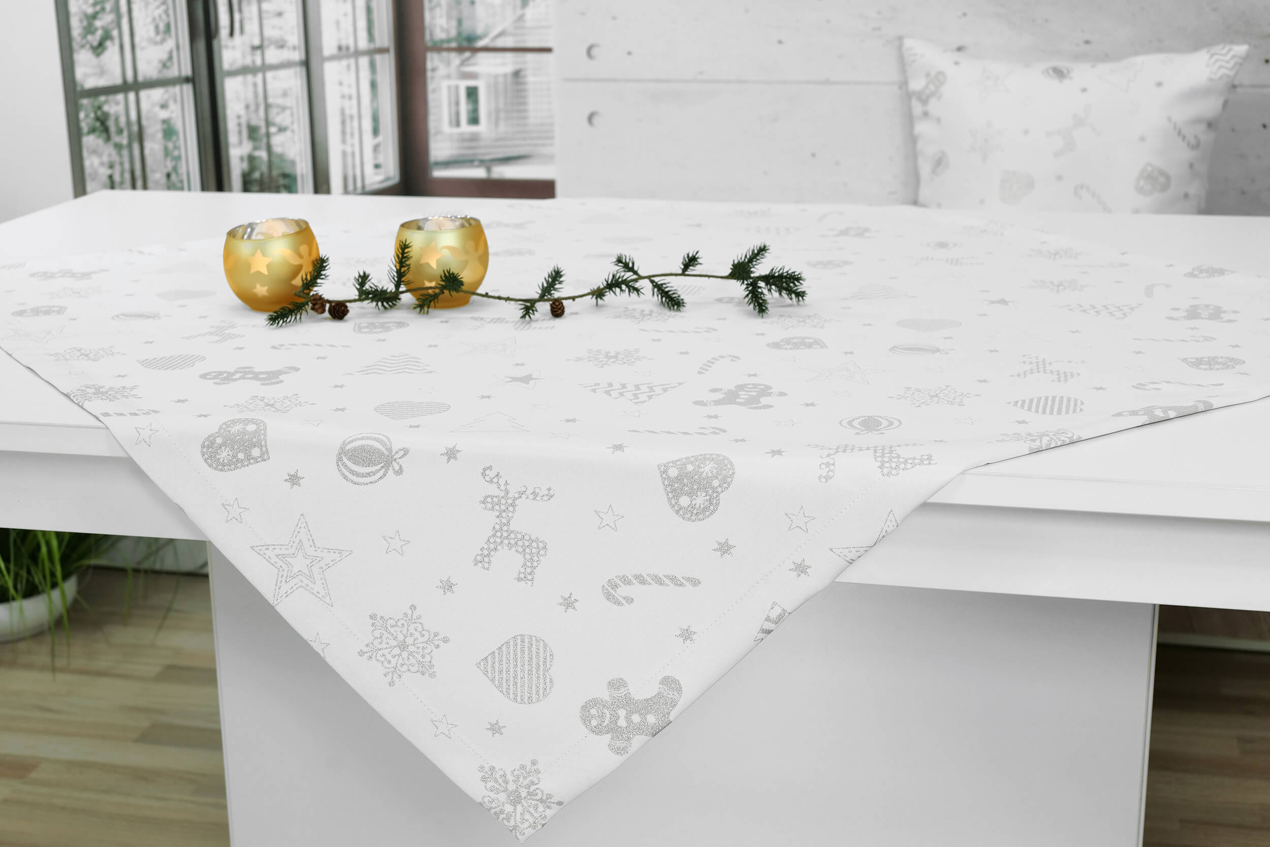 Weiße Tischdecke ab 80x80 cm – 150x150 cm QUADRATISCH mit Fleckschutz  Muster Silber Estrello
