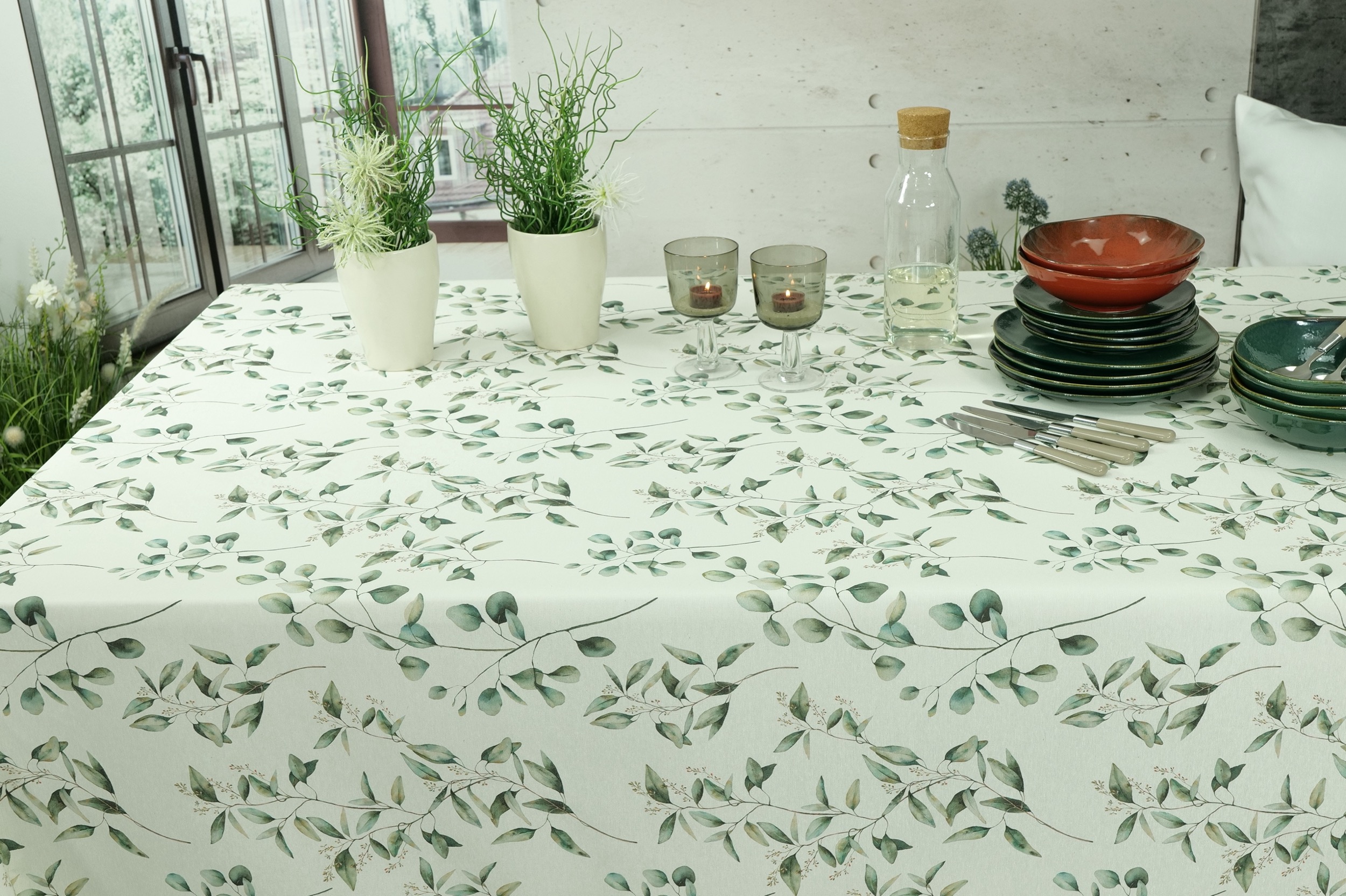 Tischdecke abwaschbar Creme Muster Olivgrün Isabella Breite 100 cm