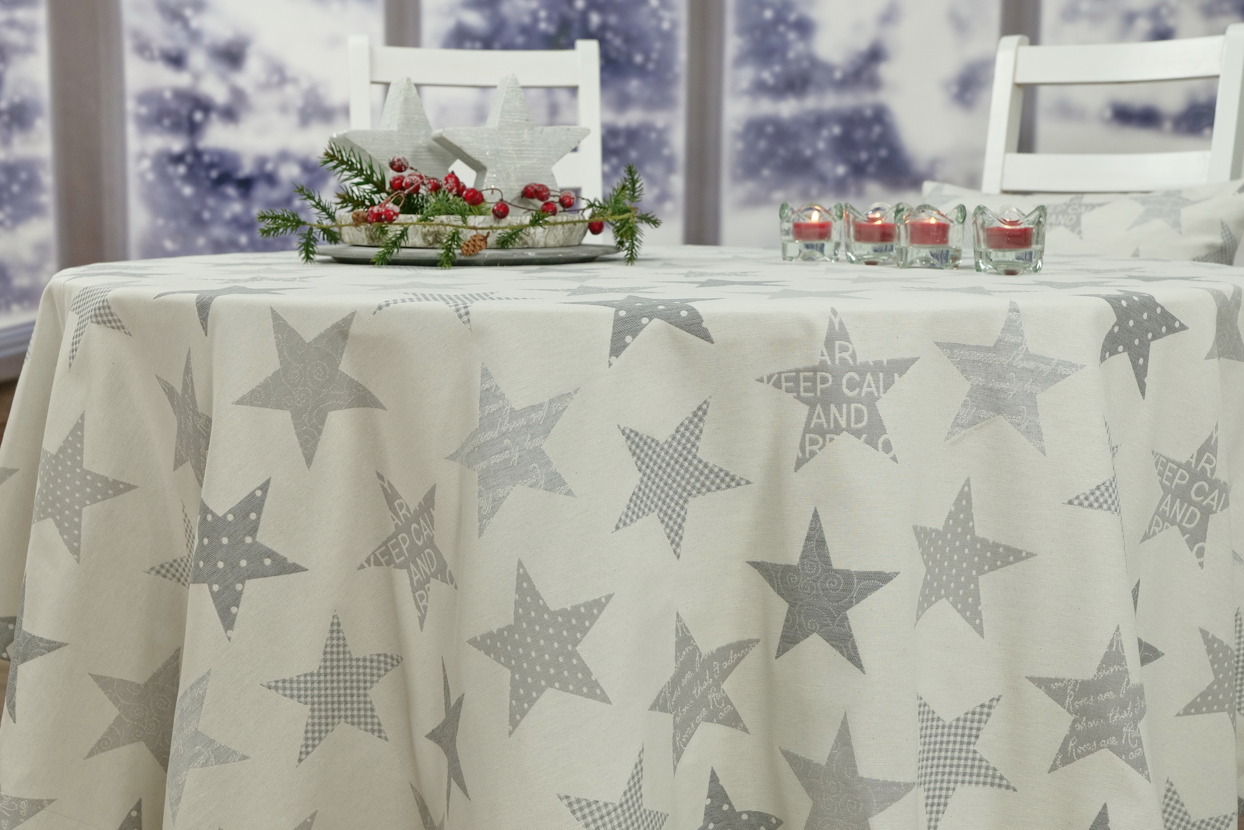 Moderne Weihnachtstischdecke Grau Hellgrau Sterne ab 80 cm bis 200 cm RUND