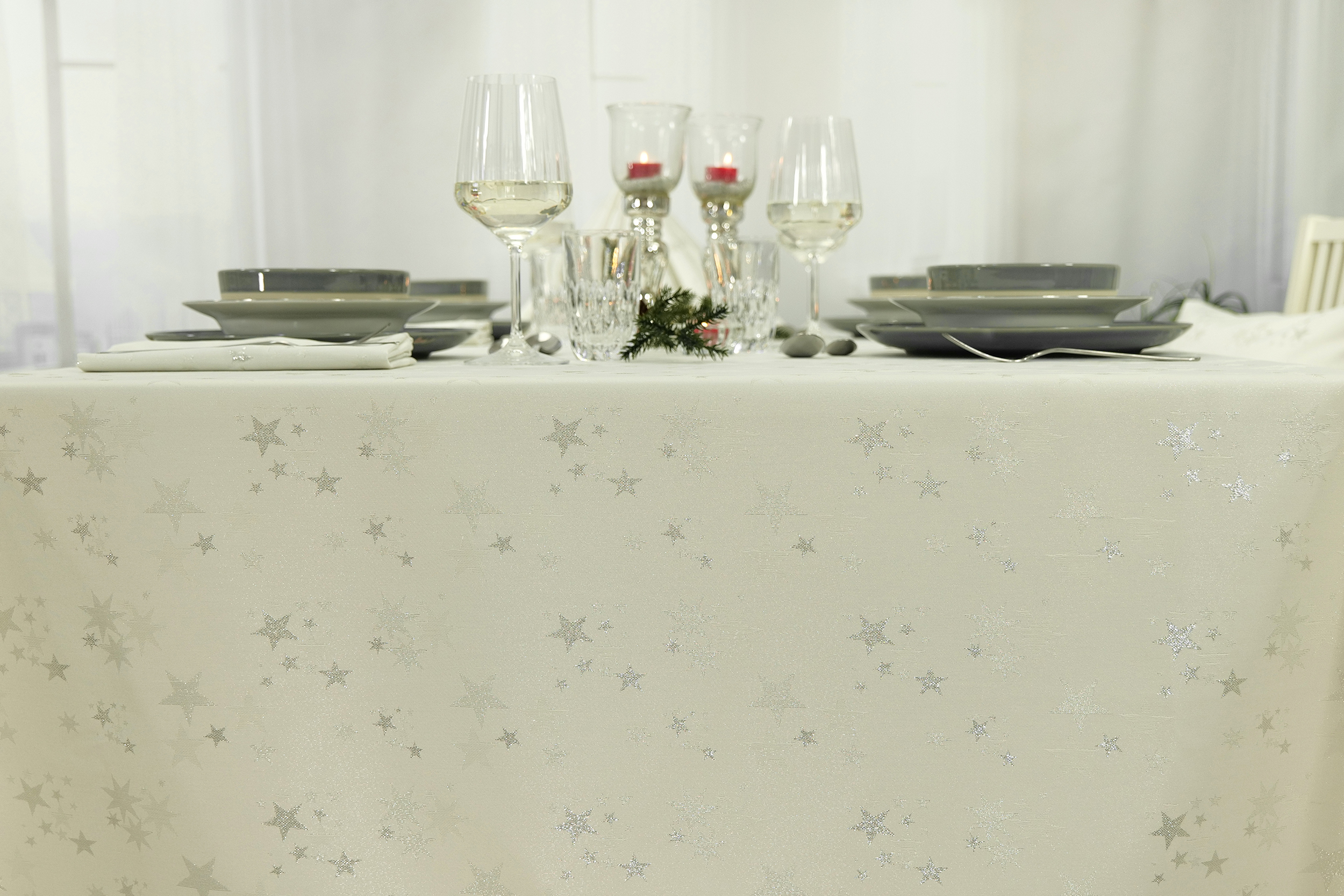 Tischdecke mit Fleckschutz Creme Silber Sternenpracht Breite 100 cm