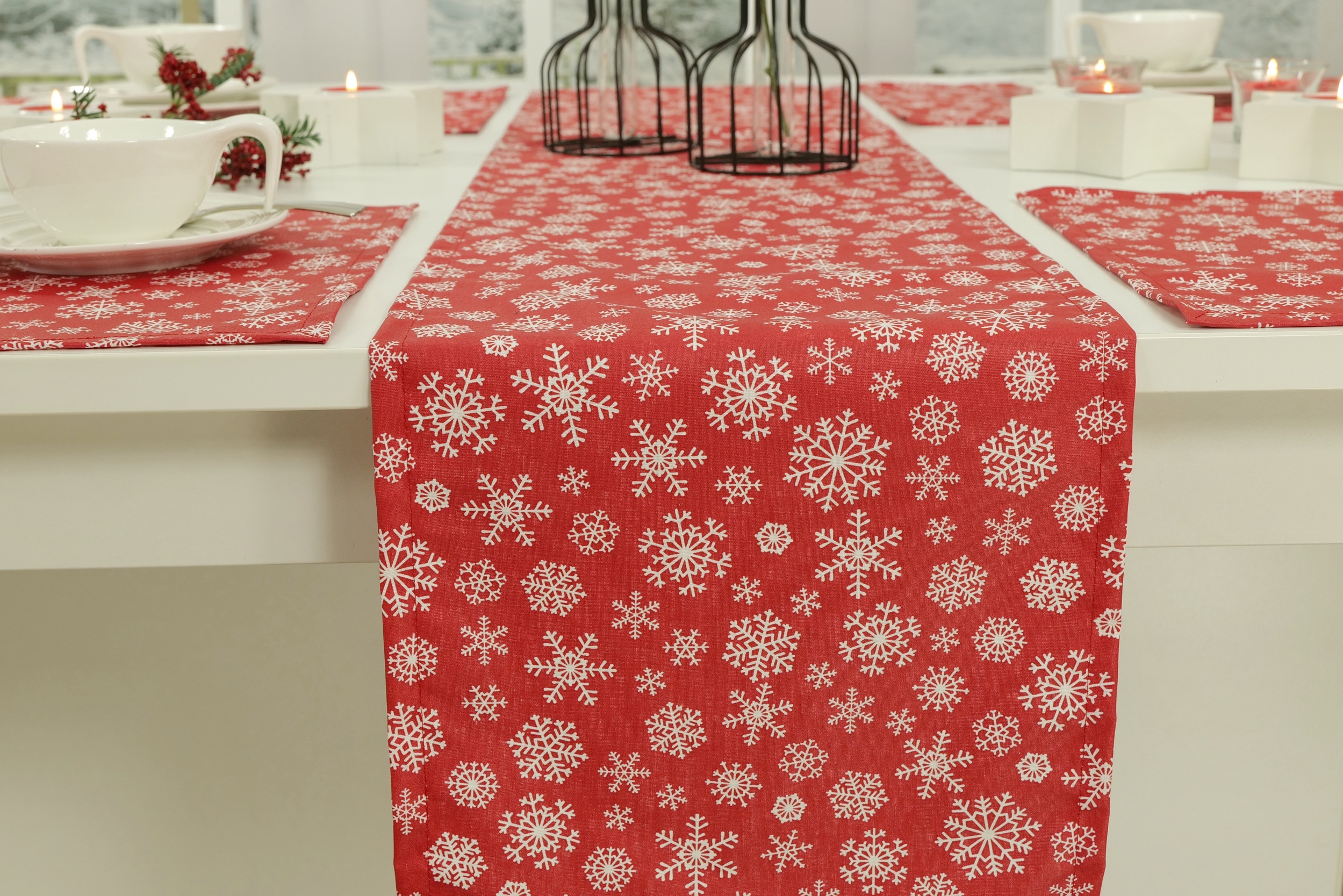 Abwaschbare Tischläufer Rot Weihnachtsmotiv Schneeflocke Breite 25 cm