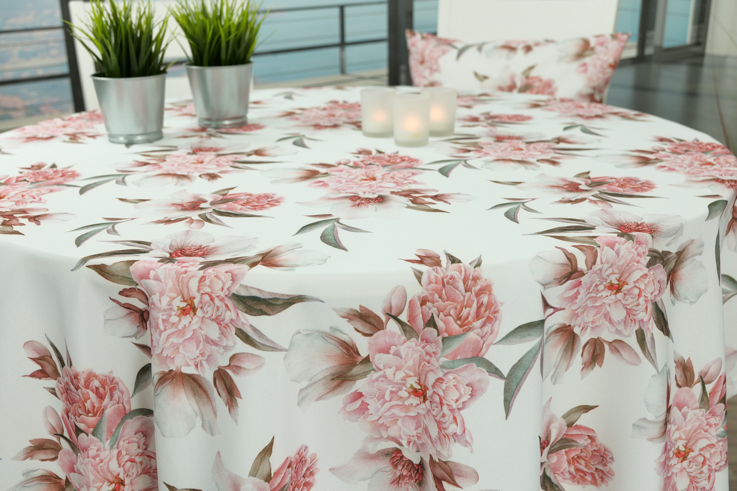 Großgeblümte Tischdecke Weiß Peony ab 80 cm bis 200 cm RUND