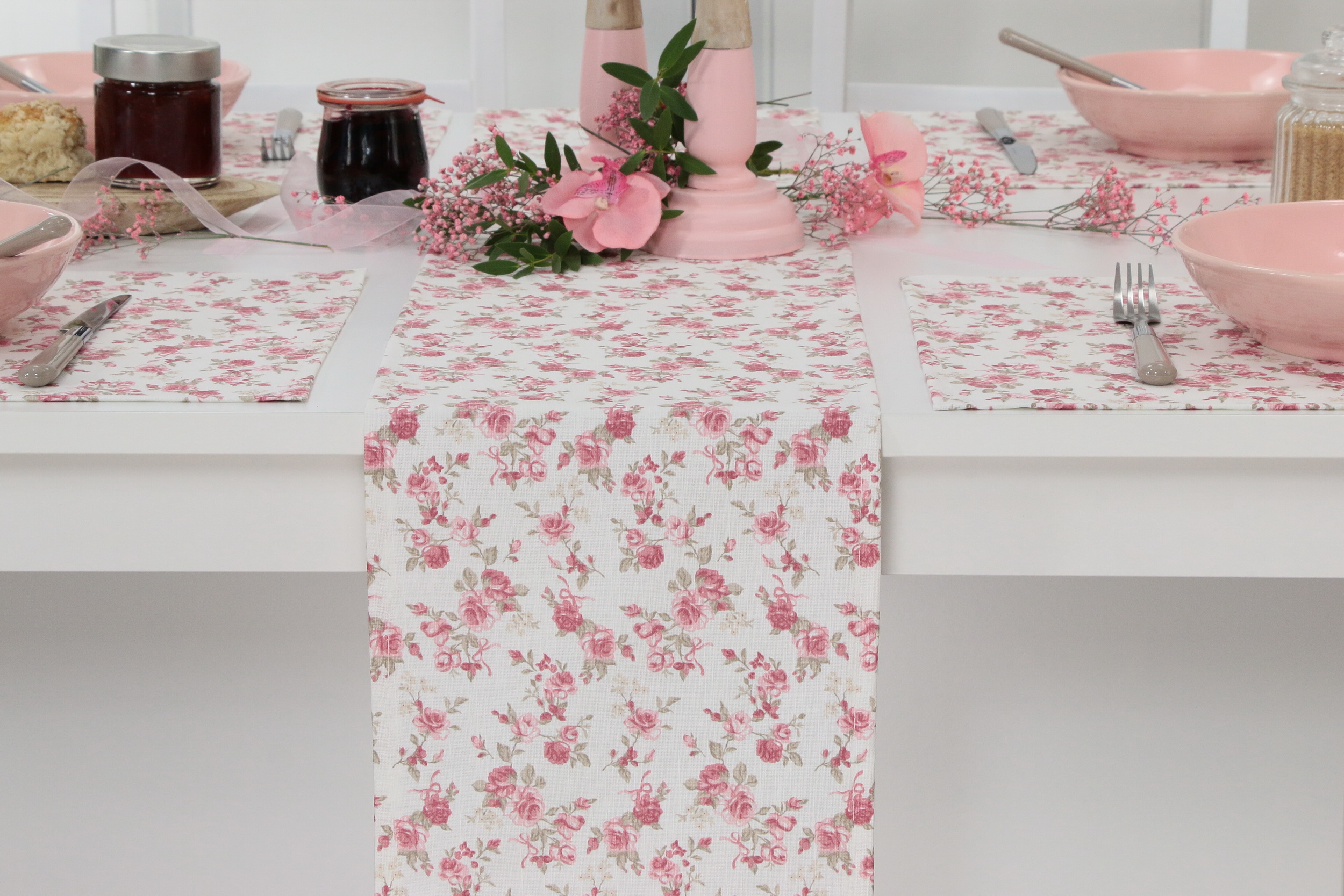 Tischläufer abwaschbar Weiß Rosa Taupe Rose Breite 30 cm