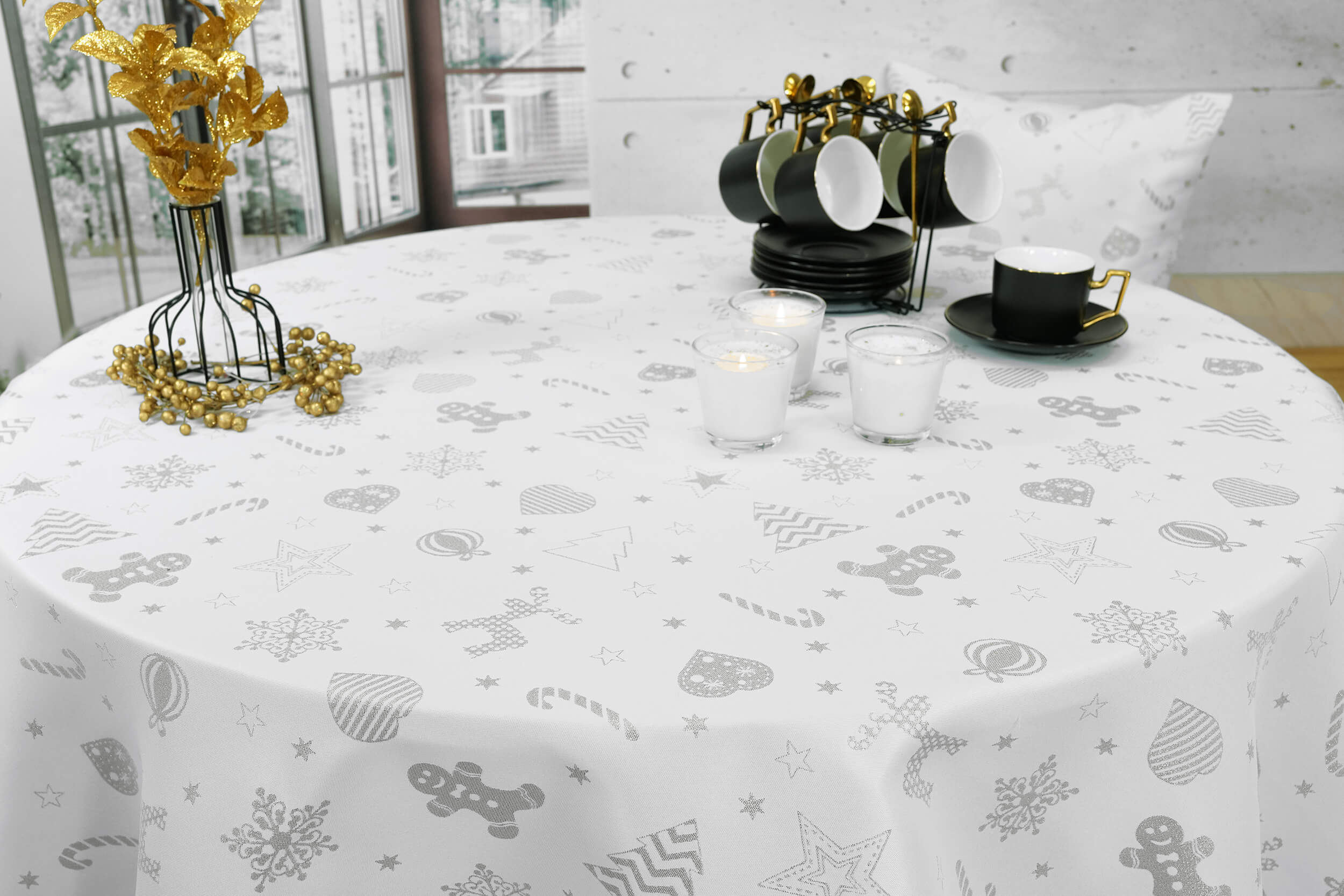 Weiße Tischdecke mit Fleckschutz Muster Silber Estrello ab 80 cm bis 150 cm RUND