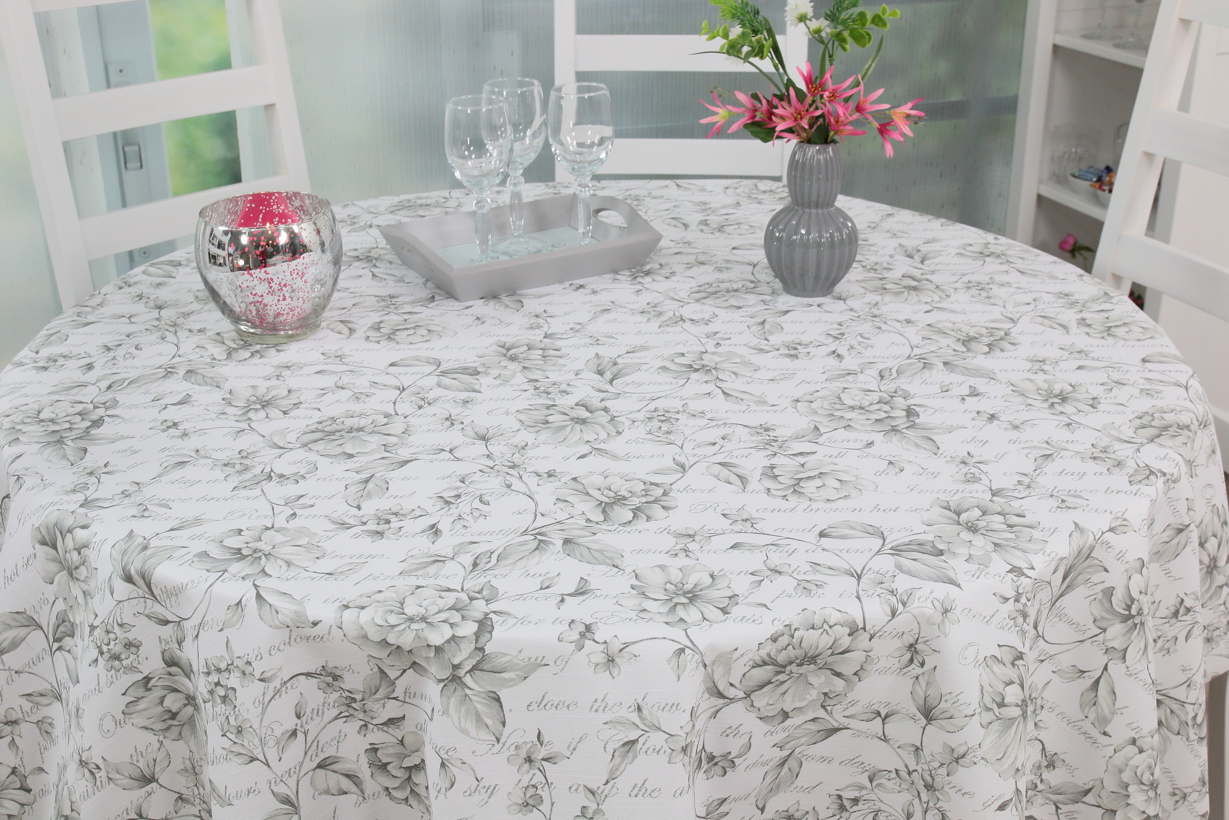 Abwaschbare Tischdecke Grau Weiß Blume RUND Größe: Ø80 - Ø138 cm