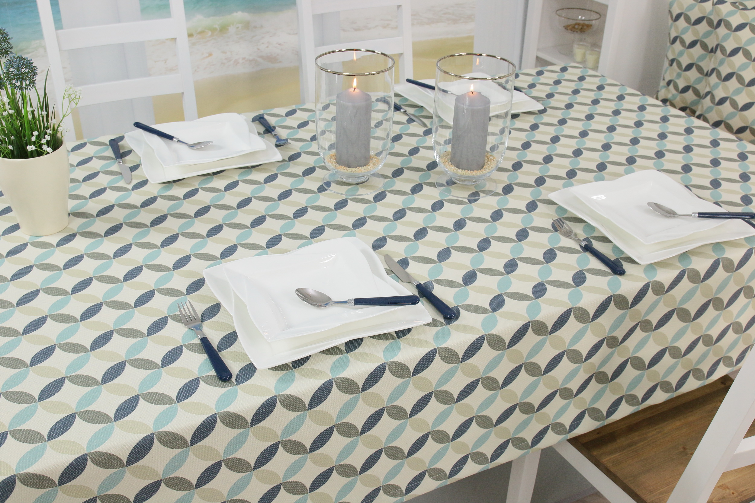 Tischdecke mit Fleckschutz Beige Mint Muster Venezia Breite 110 cm