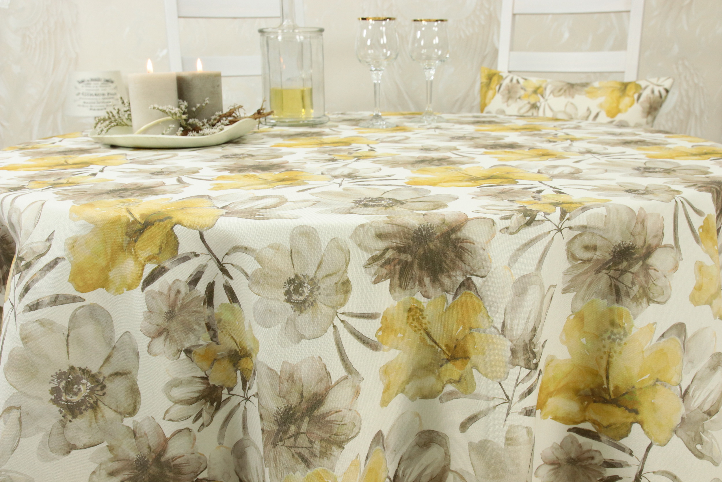 Tischdecke mit Fleckschutz Natur Beige Flower Muster ab 80 cm bis 158 cm RUND