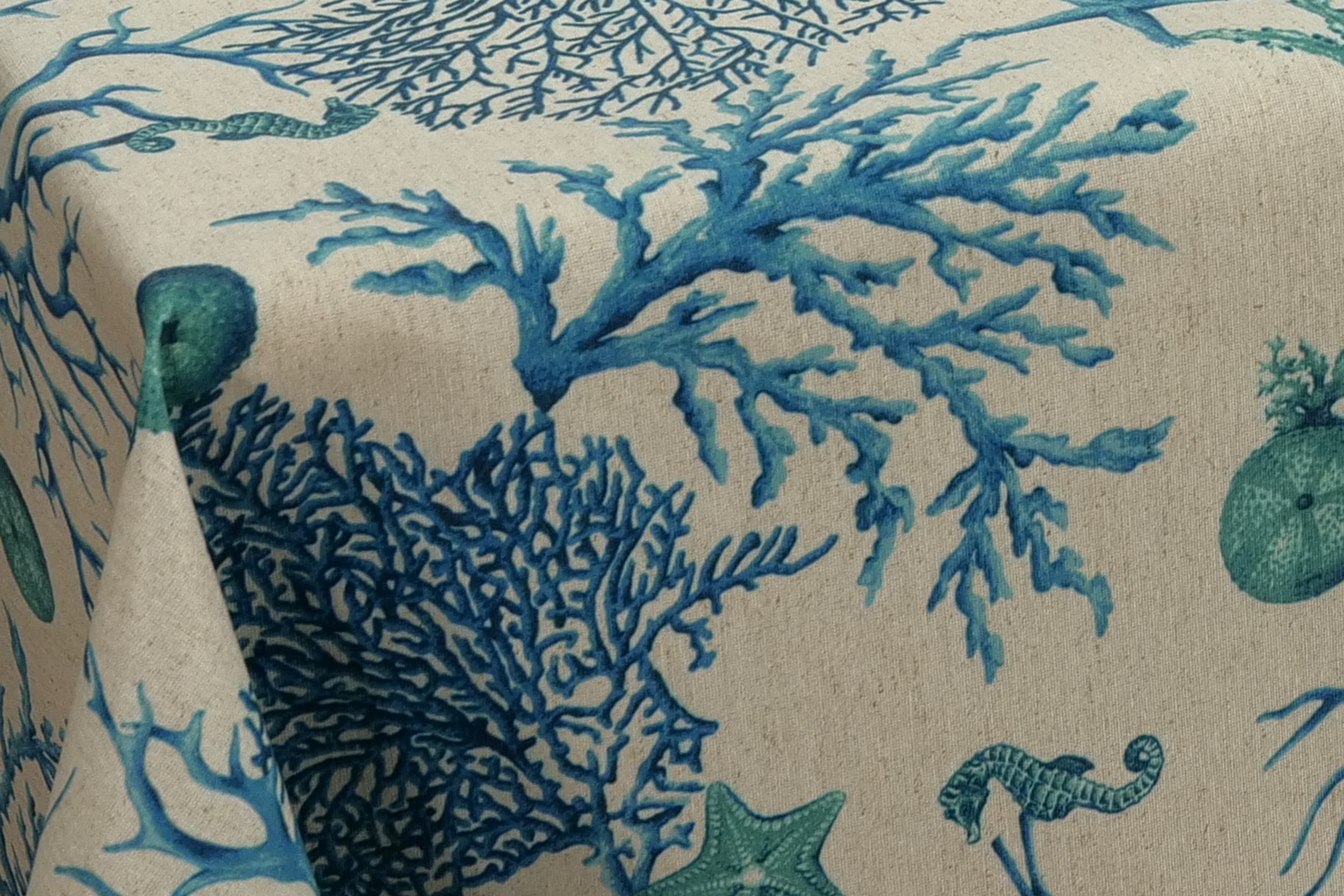 Abwaschbare Tischdecke Beige Blau gemustert Korallen ab 80x80 cm - 158x158 cm QUADRATISCH