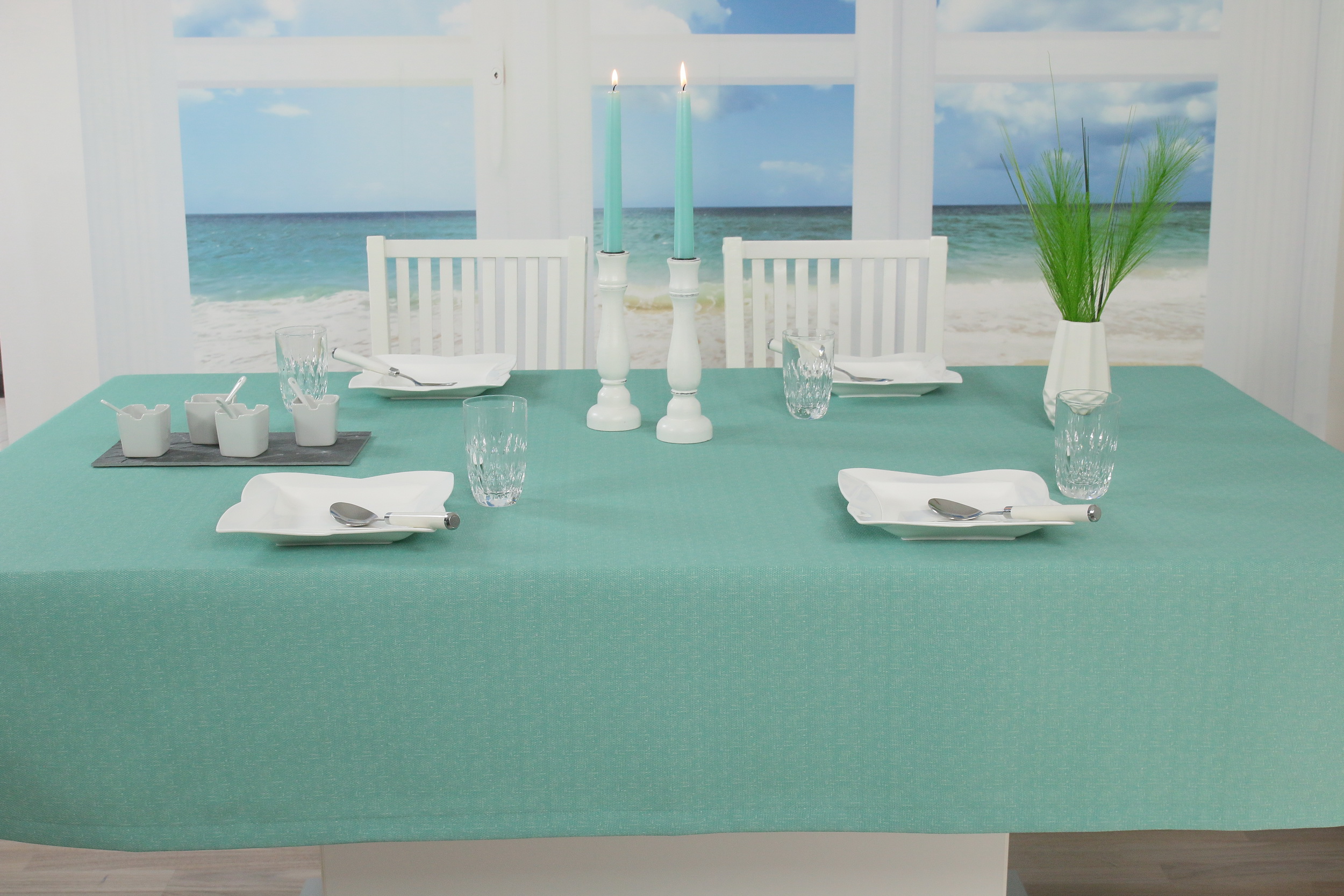 Tischdecke mit Fleckschutz Mittelmeer-Grün uni Venezia Breite 140 cm