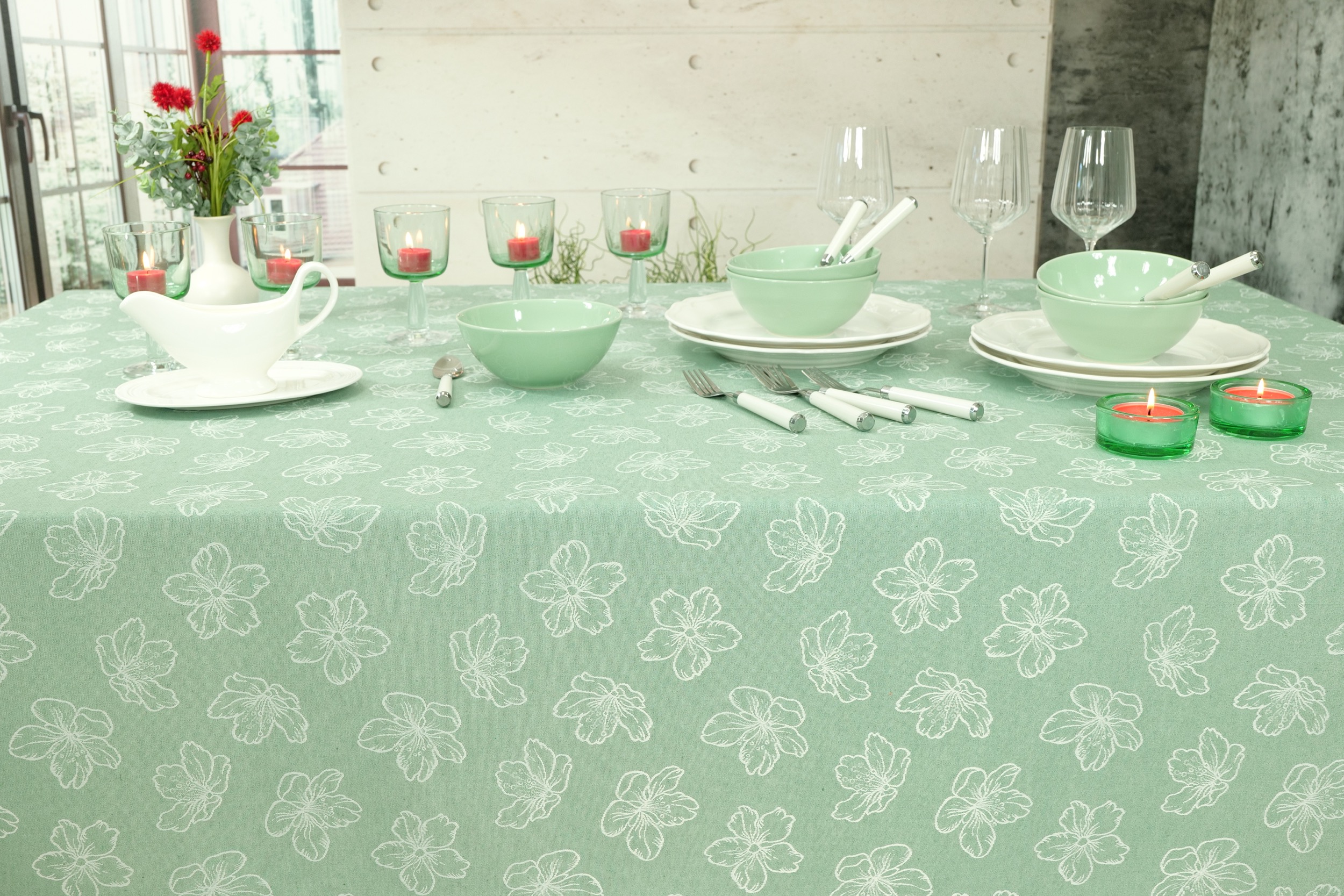 Tischdecke abwaschbar Grün Muster Blumen Adele Breite 90 cm