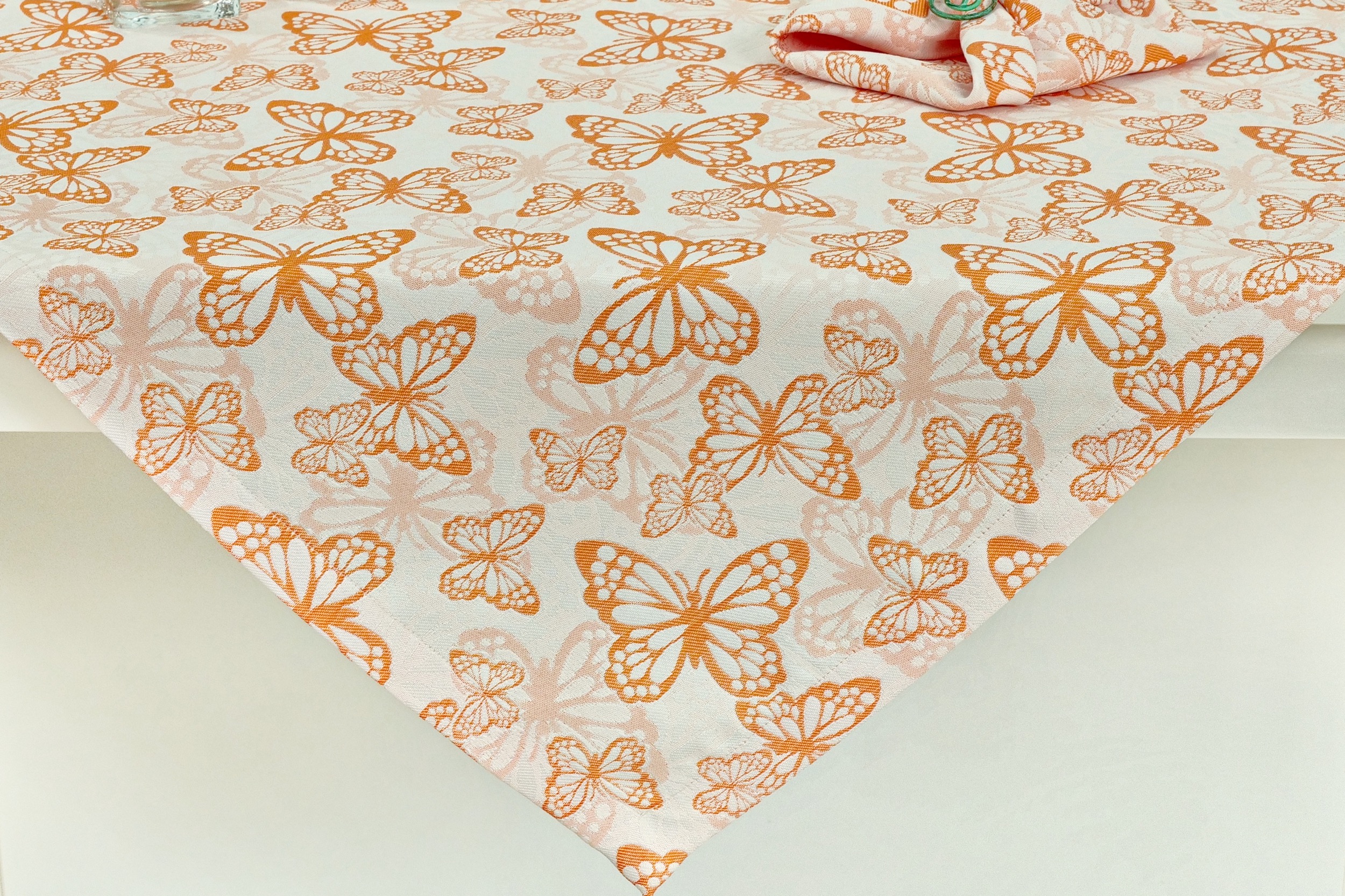 Fleckgeschützte Tischdecke Weiß Orange Muster Springtime ab 80x80 cm - 160x160 cm QUADRATISCH