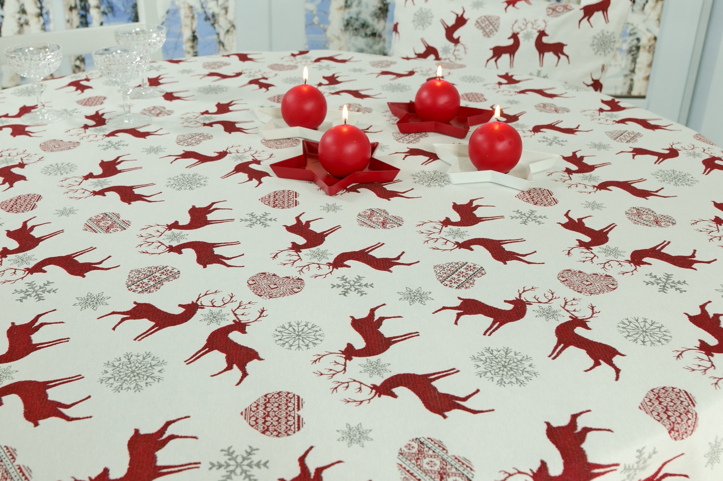 Weihnachtstischdecke Hellgrau Kirschrot Muster Rentier Breite 90 cm OVAL