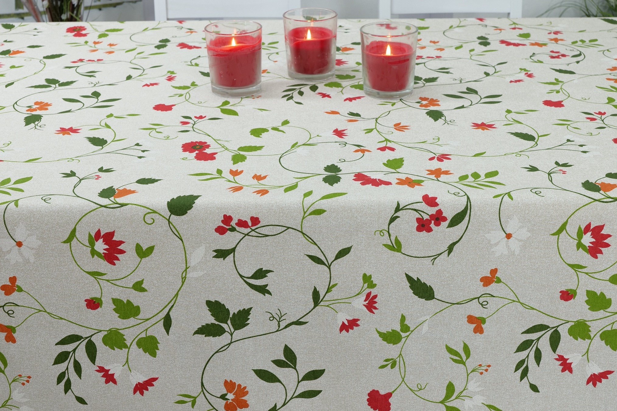 Abwaschbare Tischdecke Beige Rot Grün Muster Blütenranke Breite 90 cm
