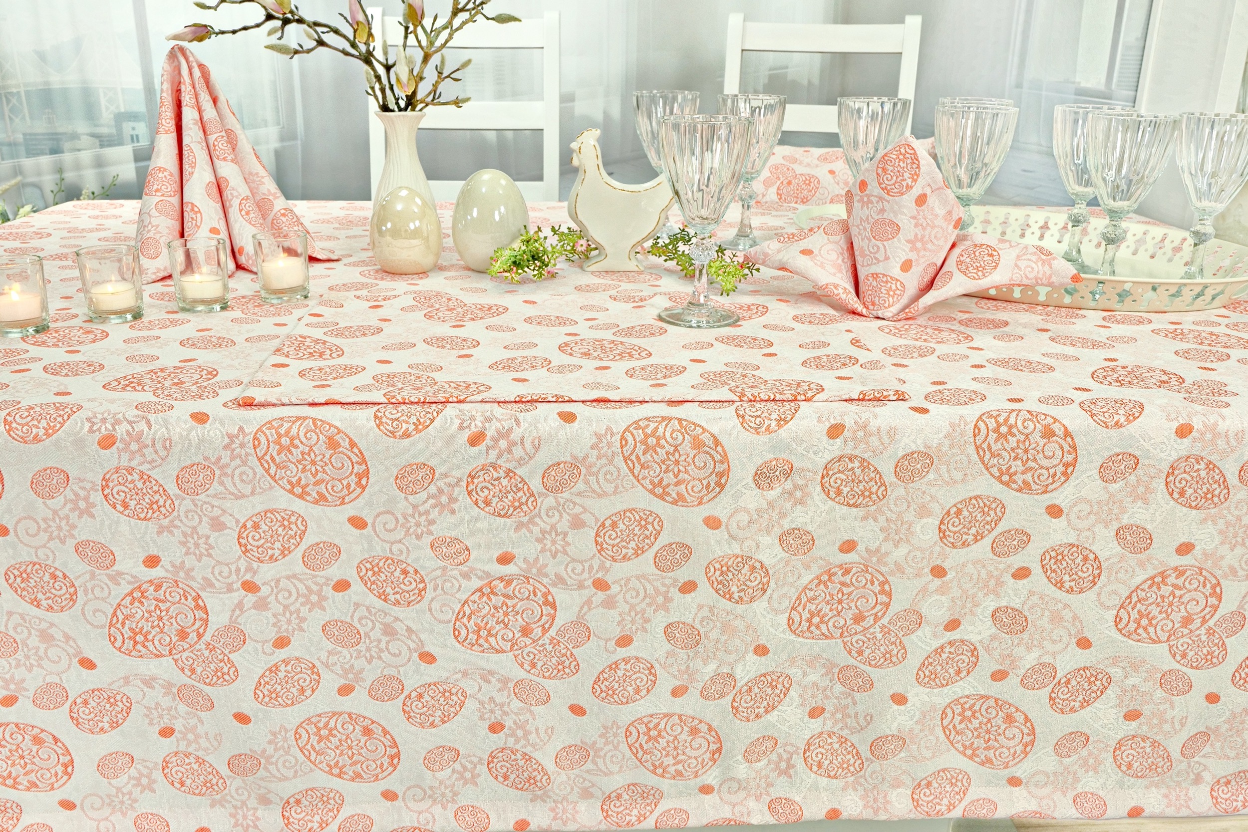 Oster Tischdecke mit Fleckschutz Weiß Orange Easter Egg Breite 120 cm | 160  cm