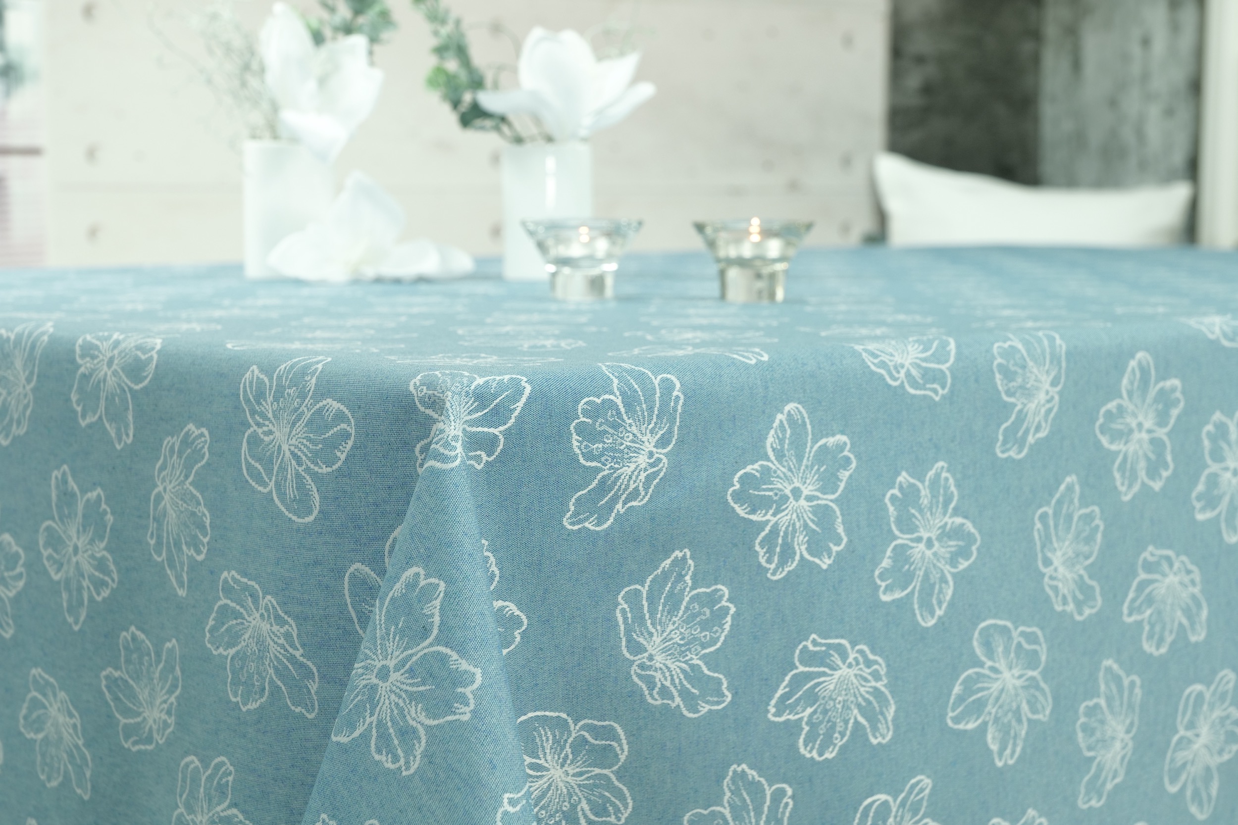 Tischdecke abwaschbar Blau Muster Blumen Adele ab 80x80 cm – 138x138 cm QUADRATISCH