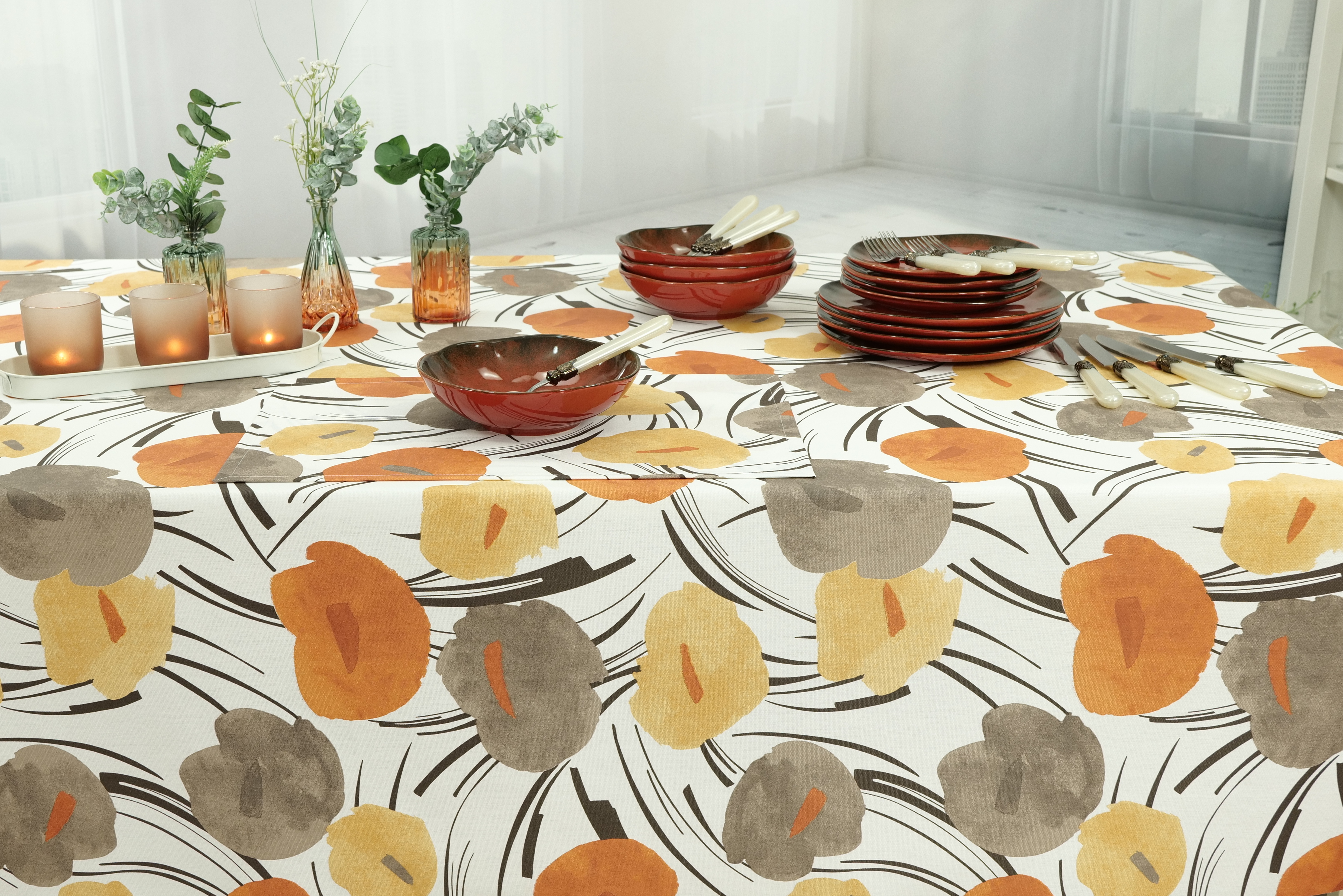 Tischdecke abwaschbar Orange gemustert Anthurie Breite 110 cm