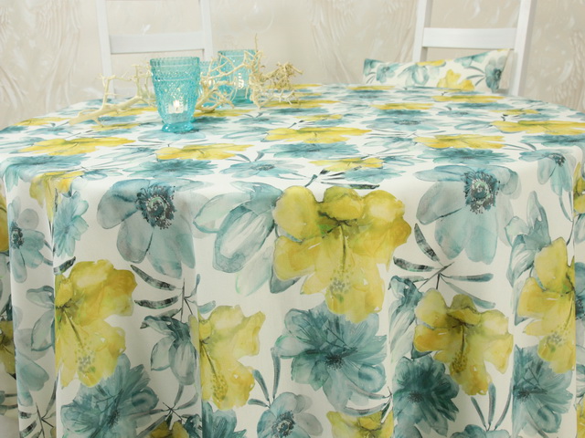 Tischdecke mit Fleckschutz Ozeanblau Flower Muster ab 80 cm bis 158 cm RUND
