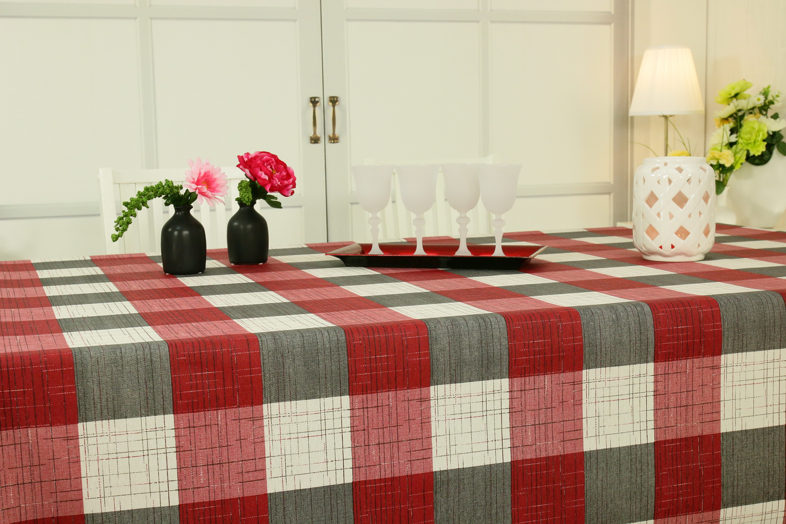 Tischdecke abwaschbar rot beige grau Karo Muster Breite 120 cm Elisa