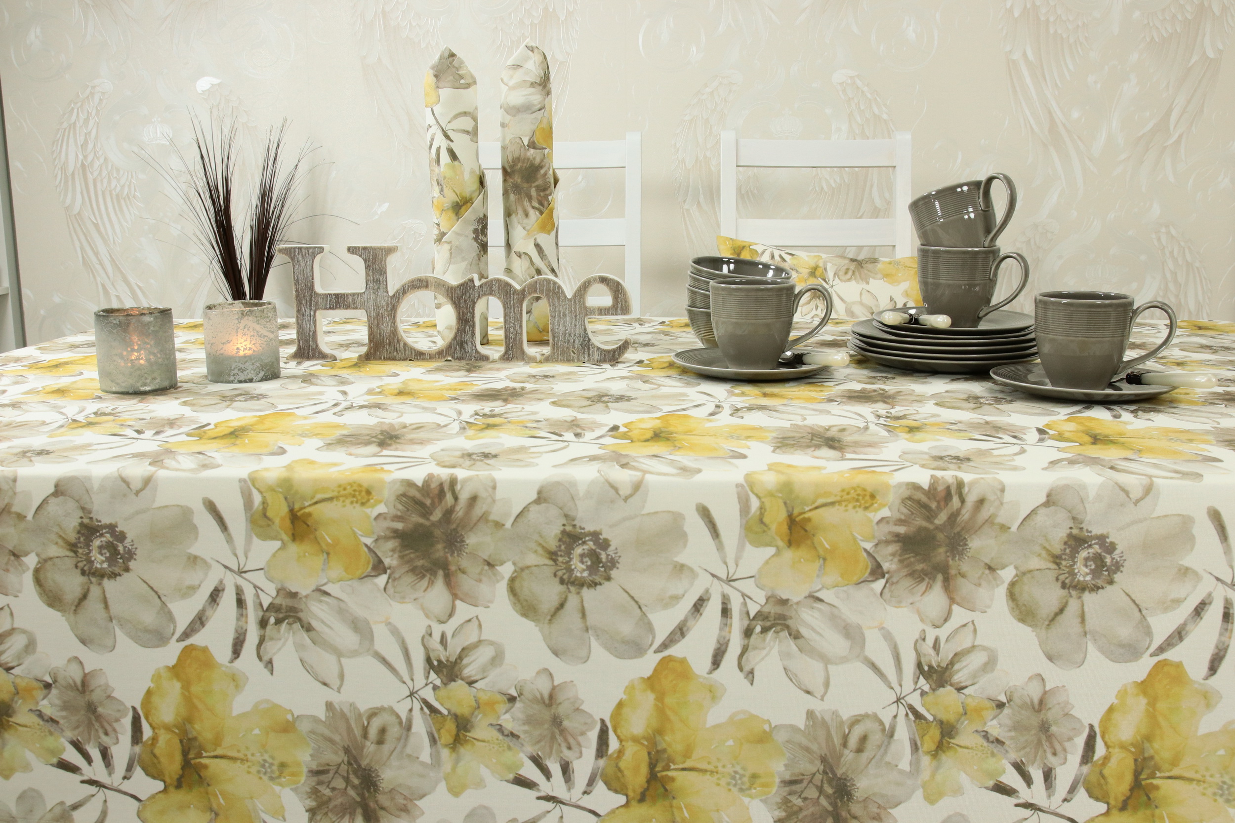 Tischdecke mit Fleckschutz Natur Beige Flower Muster Breite 90 cm
