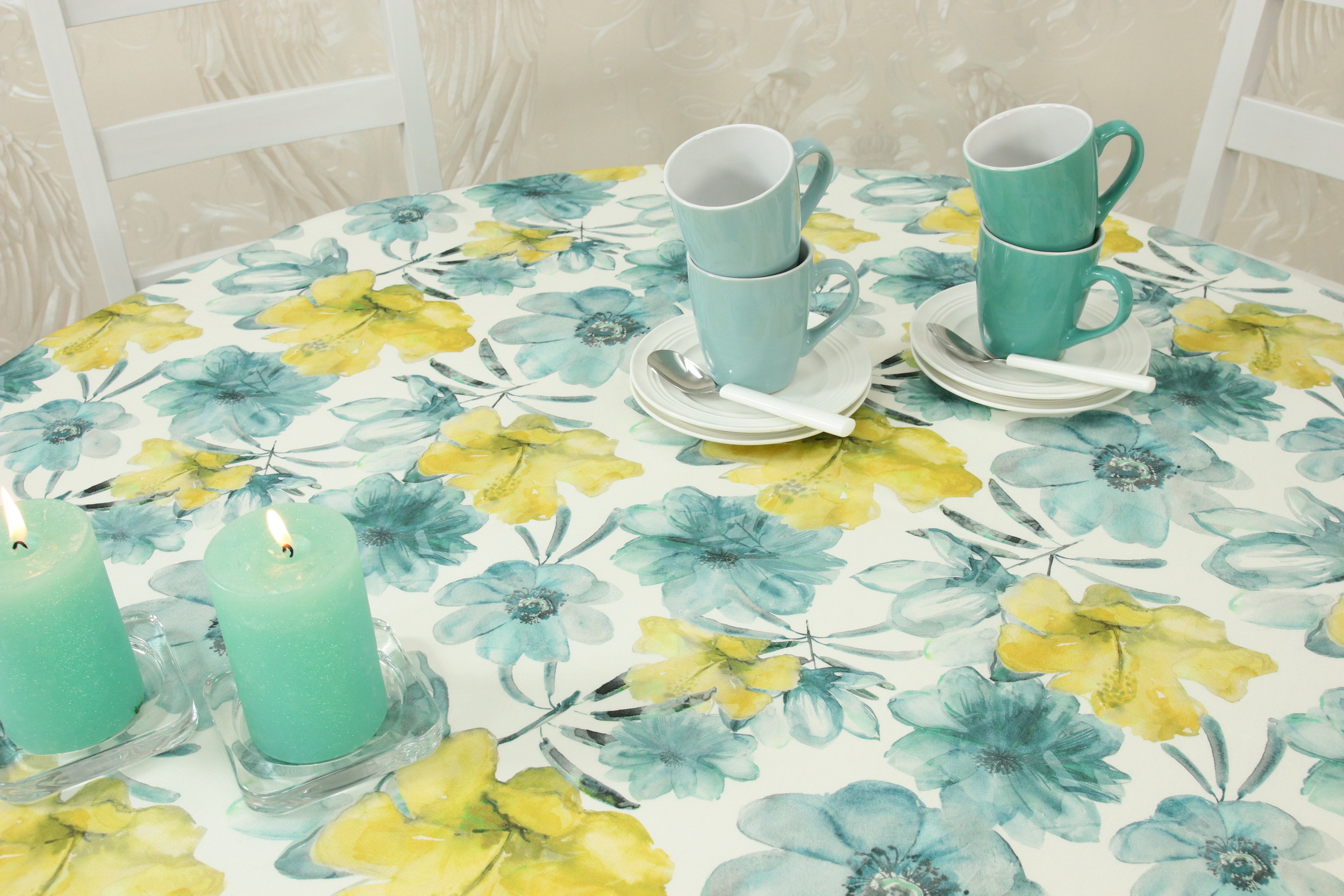 Tischdecke mit Fleckschutz Ozeanblau Flower Muster Breite 120 cm OVAL