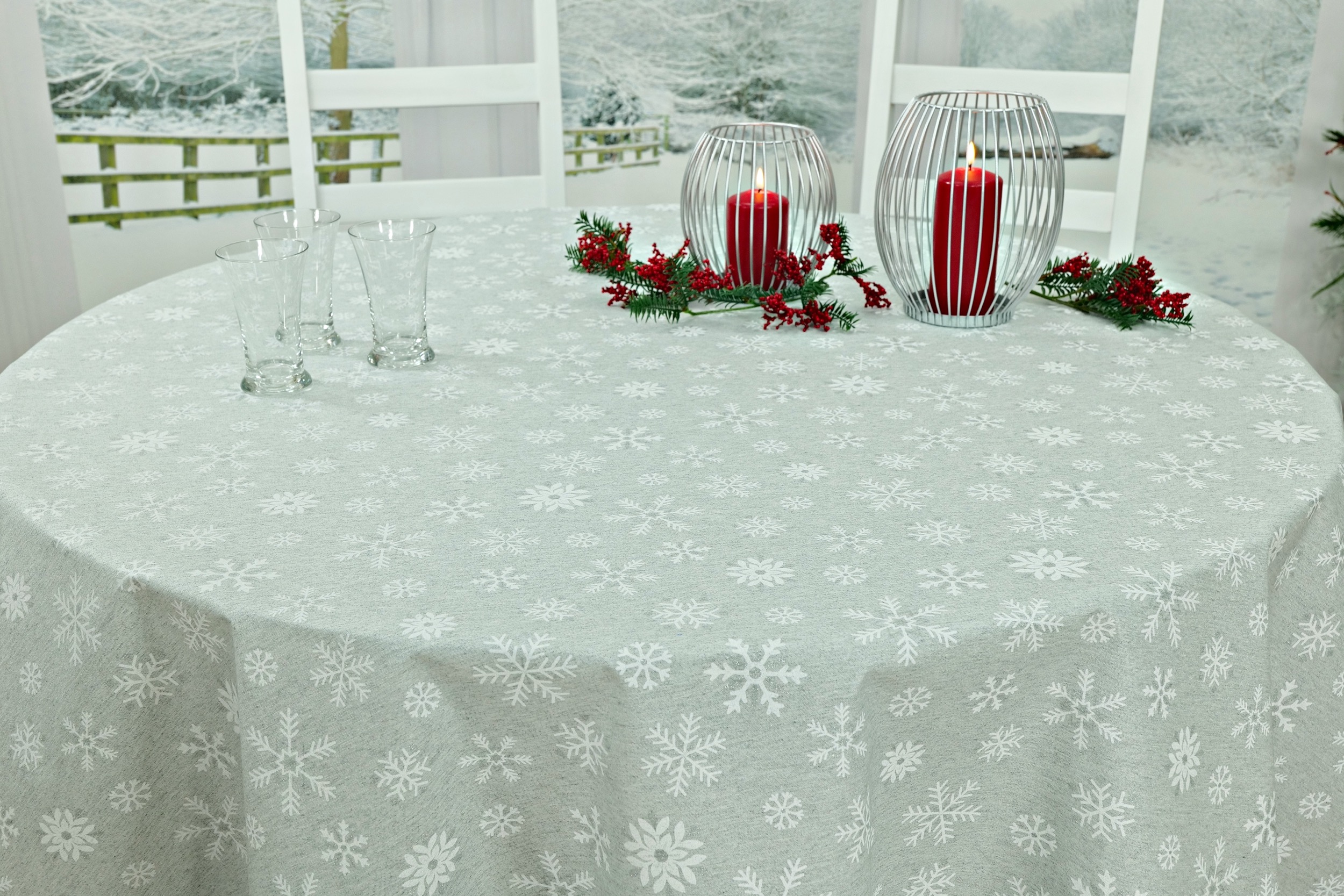 Abwaschbare Tischdecke Weihnachten Hellgrau Muster Schneeflocken ab Ø 80 cm bis 138 cm RUND