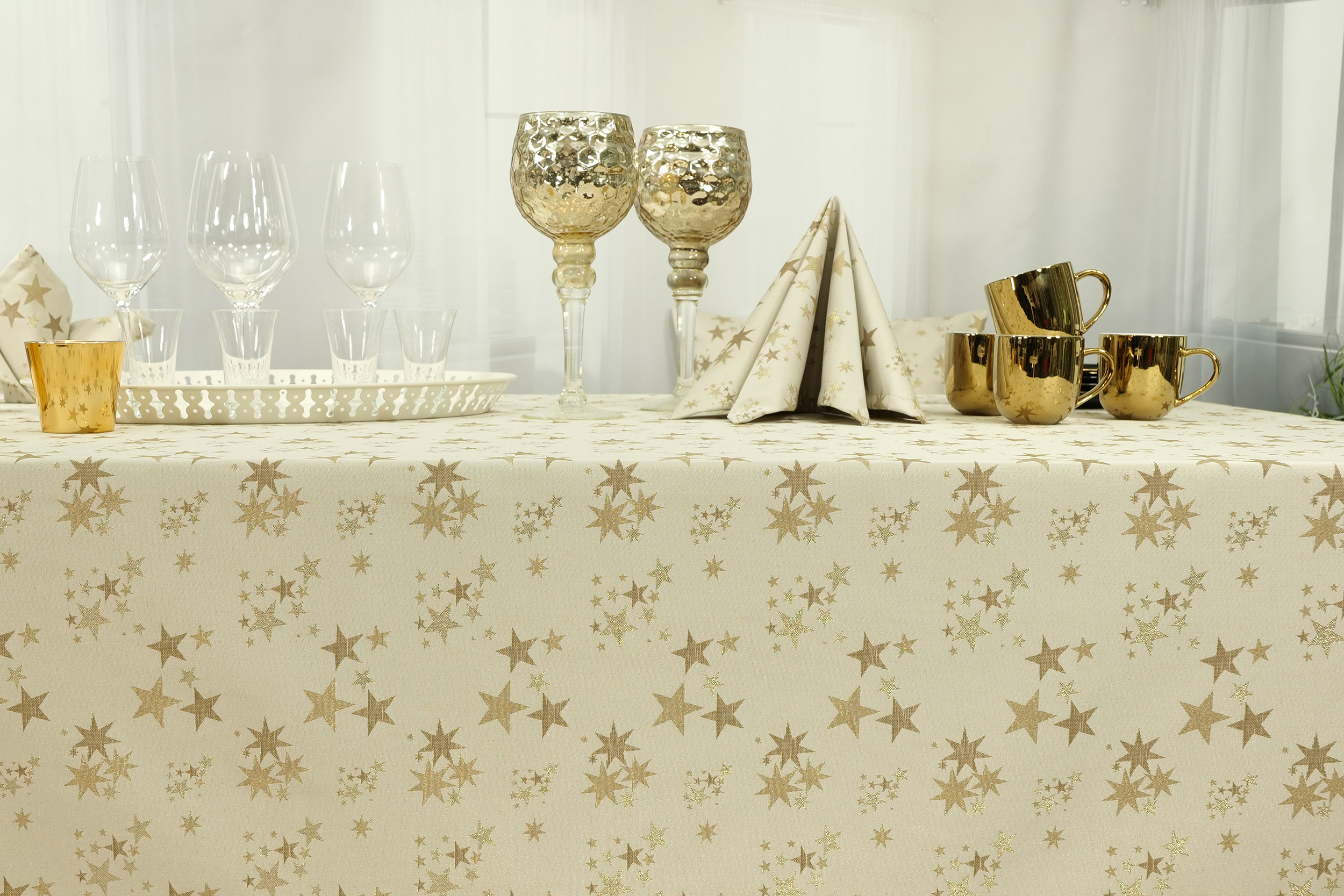 Tischdecke mit Fleckschutz Beige Gold Sternenpracht Breite 120 cm