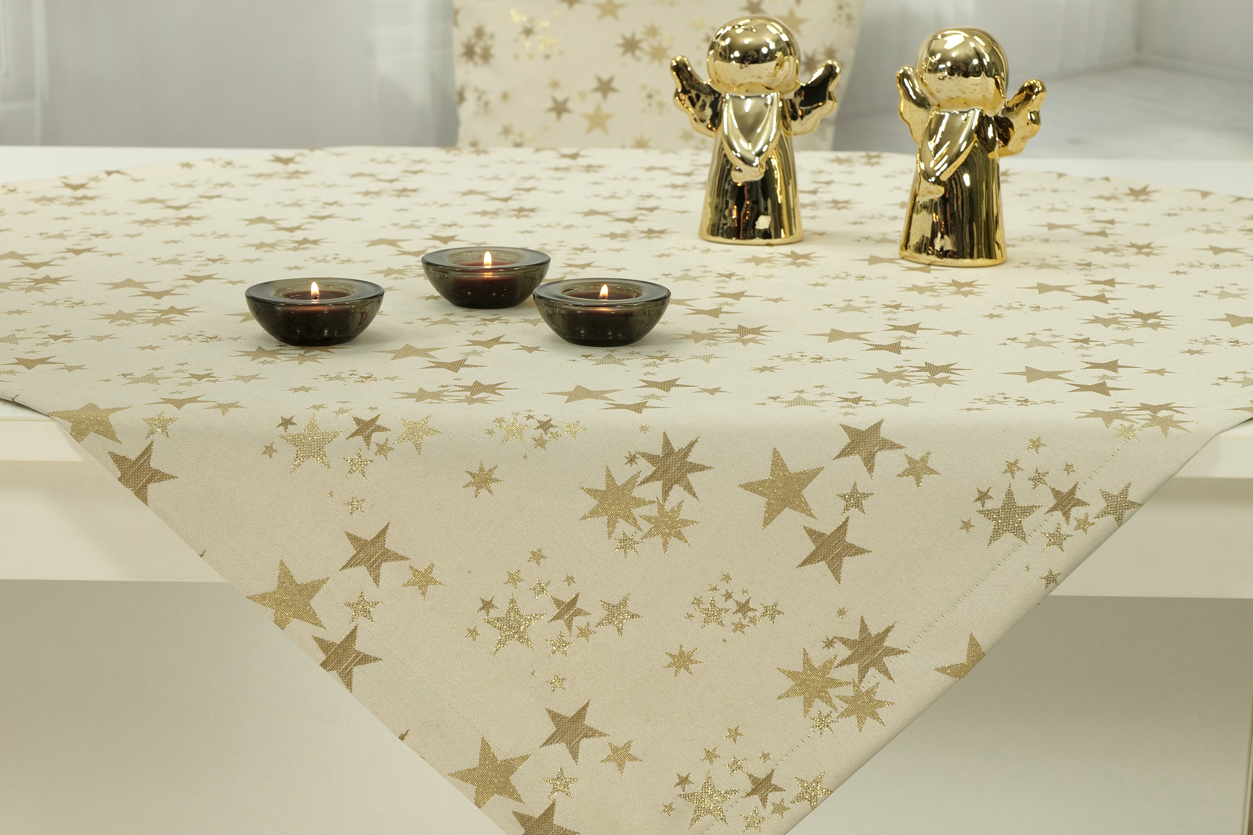 Tischdecke mit Fleckschutz Beige Gold Sternenpracht ab 80x80 cm - 140x140 cm QUADRATISCH