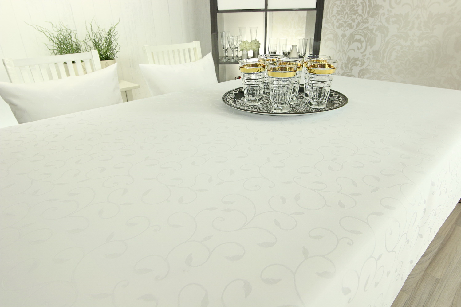 Damast Tischdecke Fleckschutz weiß Muster Breite 110 cm