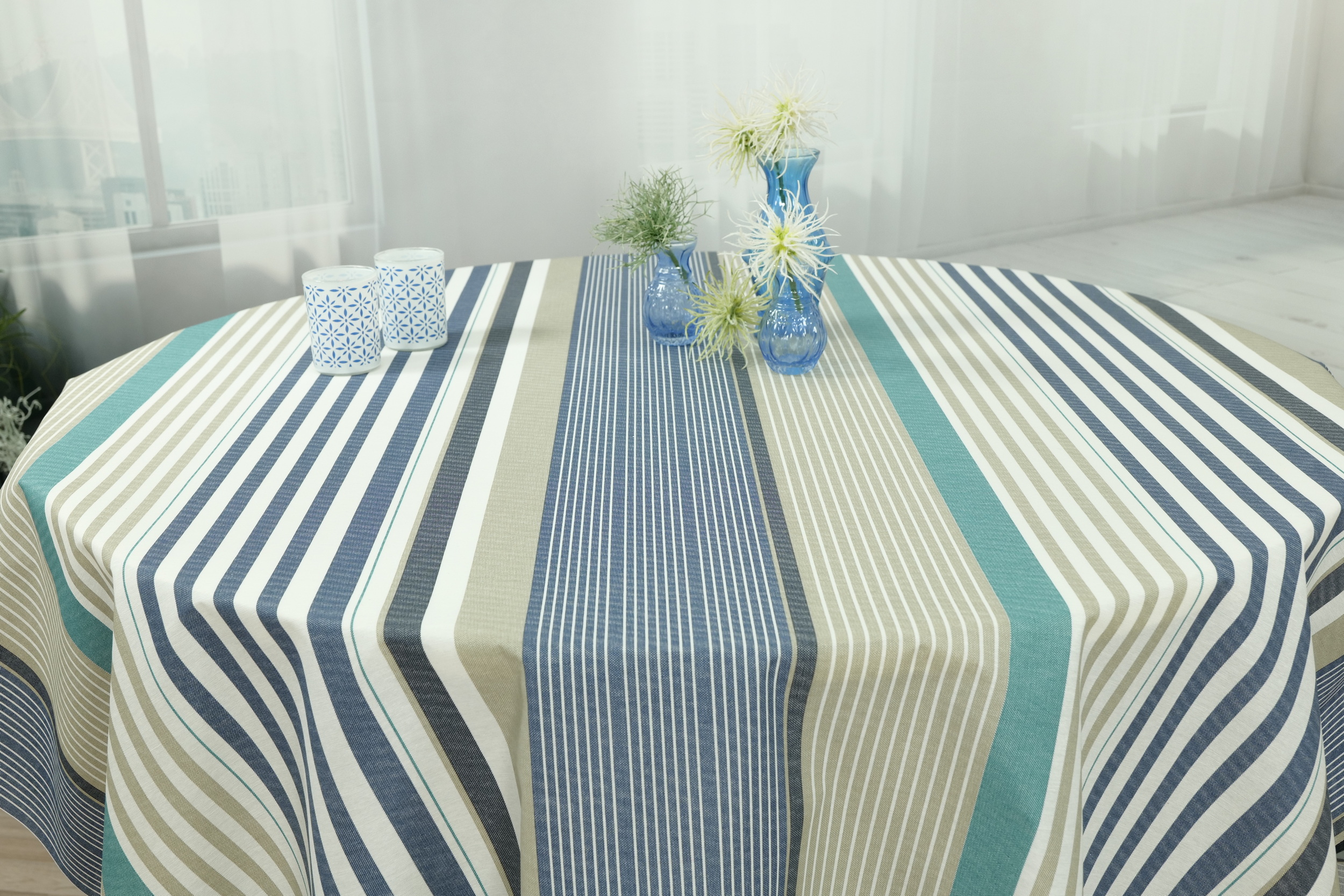 Abwaschbare Tischdecke Blau Beige gestreift Nordsee ab 80 cm bis 138 cm RUND