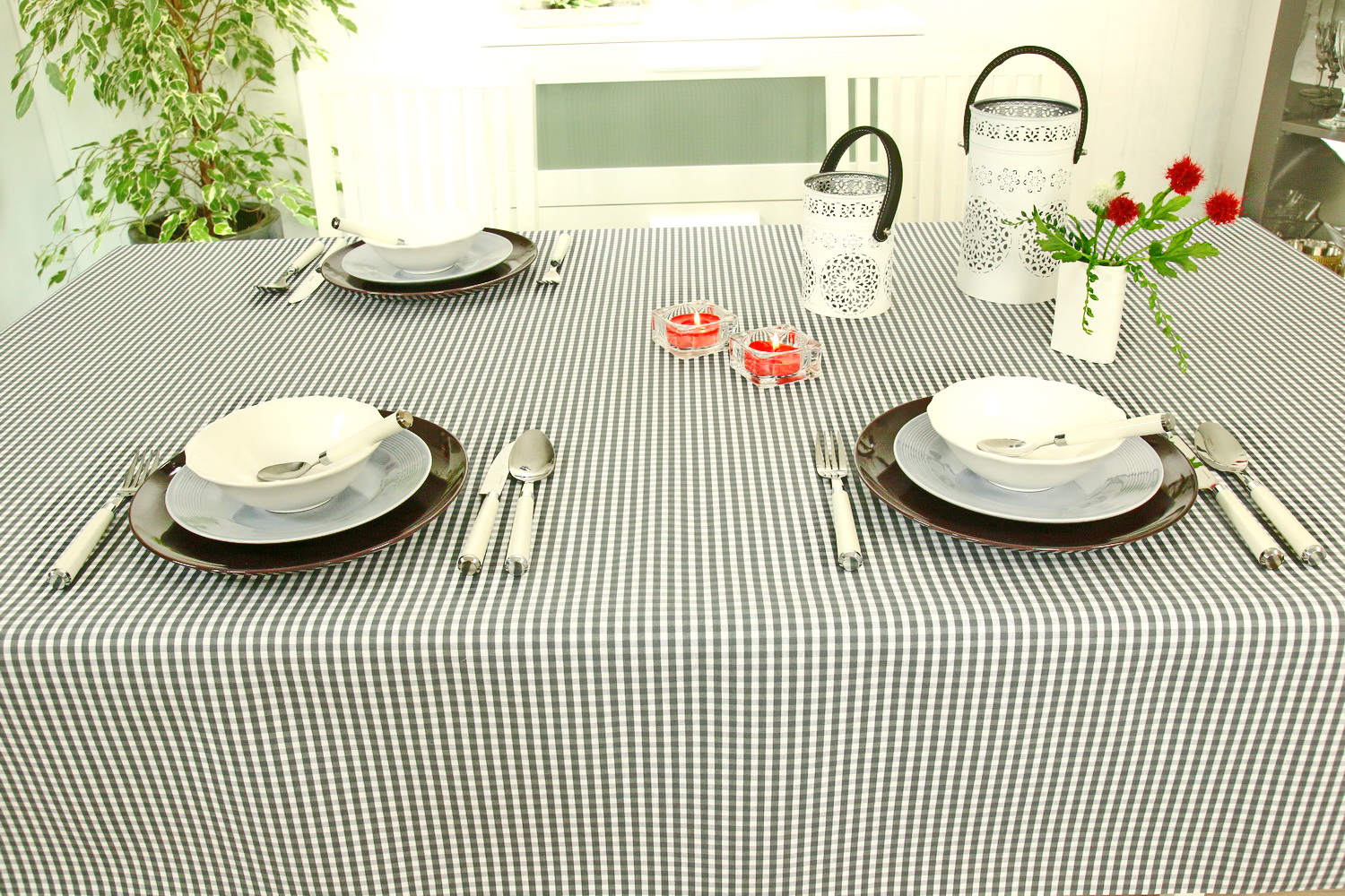 Tischdecke abwaschbar Grau Weiß kleines Karo Breite 130 cm