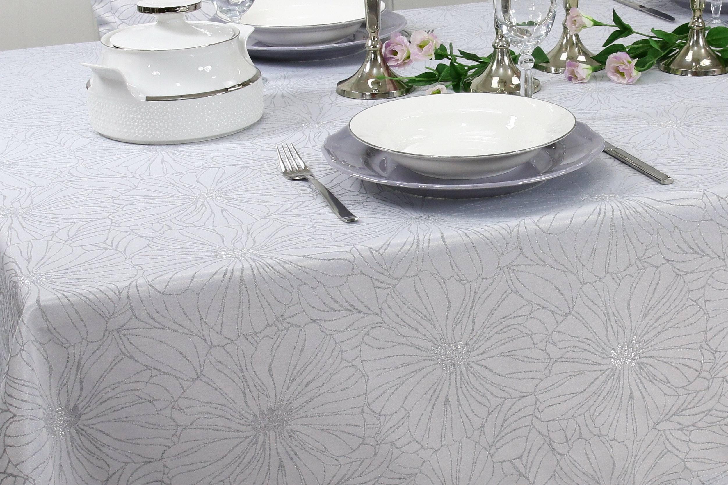 Tischdecke Grau Silber Hibiskus Breite 90 cm