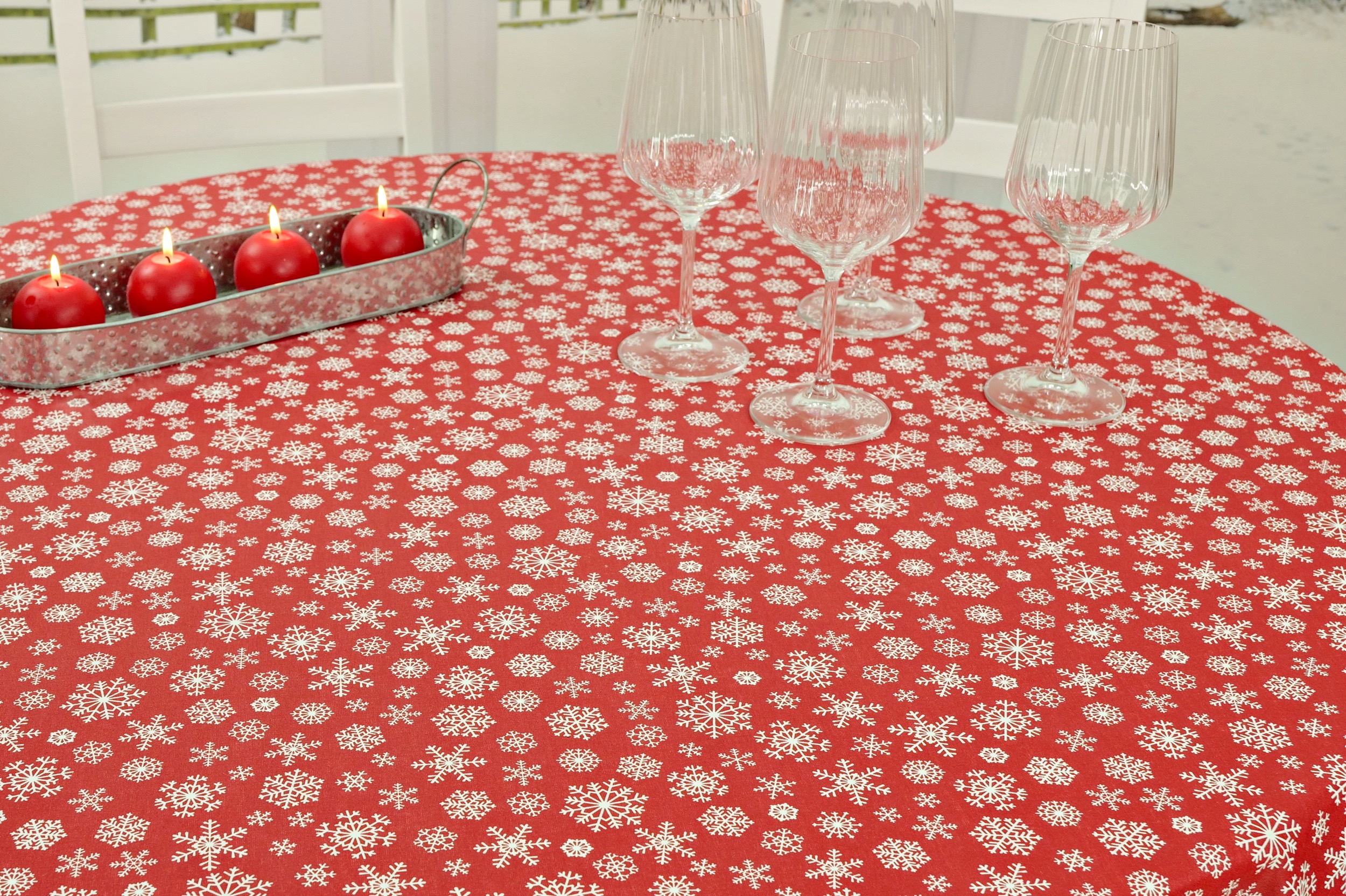 Abwaschbare Tischwäsche Rot Weihnachtsmotiv Schneeflocke Breite 130 cm OVAL
