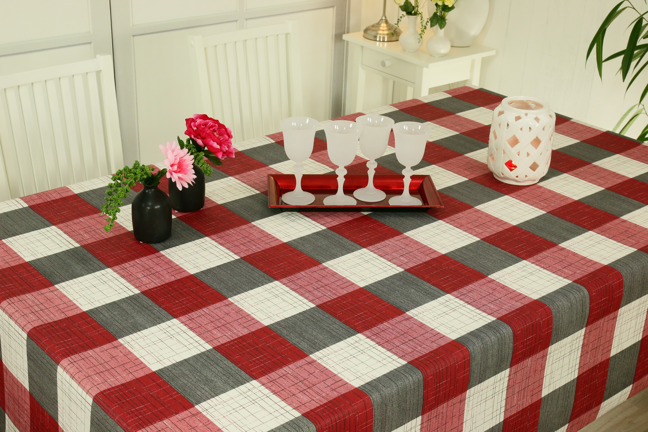 Tischdecke abwaschbar rot beige grau Karo Muster Breite 110 cm Elisa