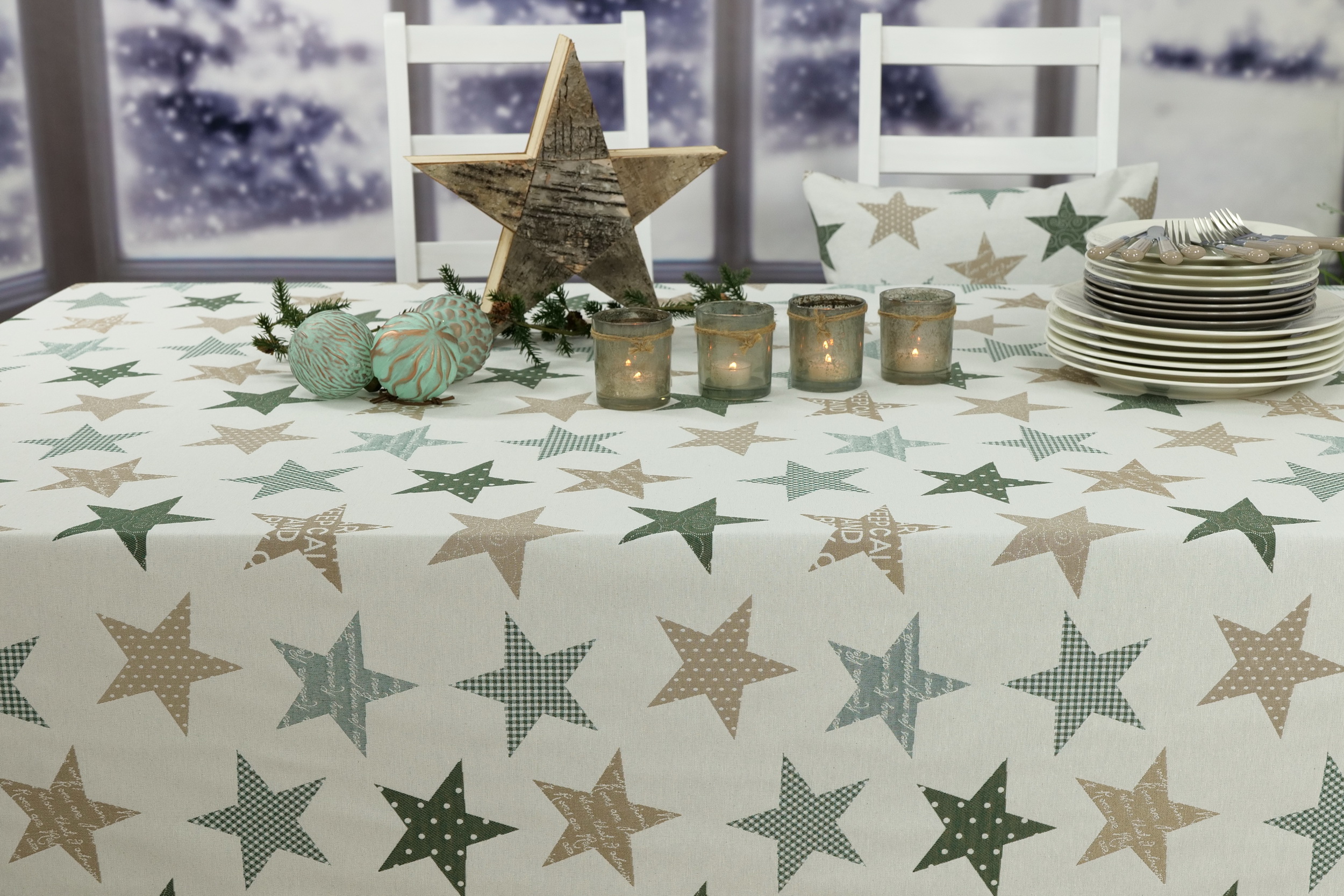 Moderne Weihnachtstischdecke Beige Grün Sterne Breite 100 cm | 120 cm |  SW130790