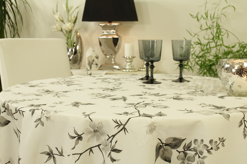 Tischdecke weiß mit Blumenmuster schwarz Ø 80 cm - 200 cm RUND
