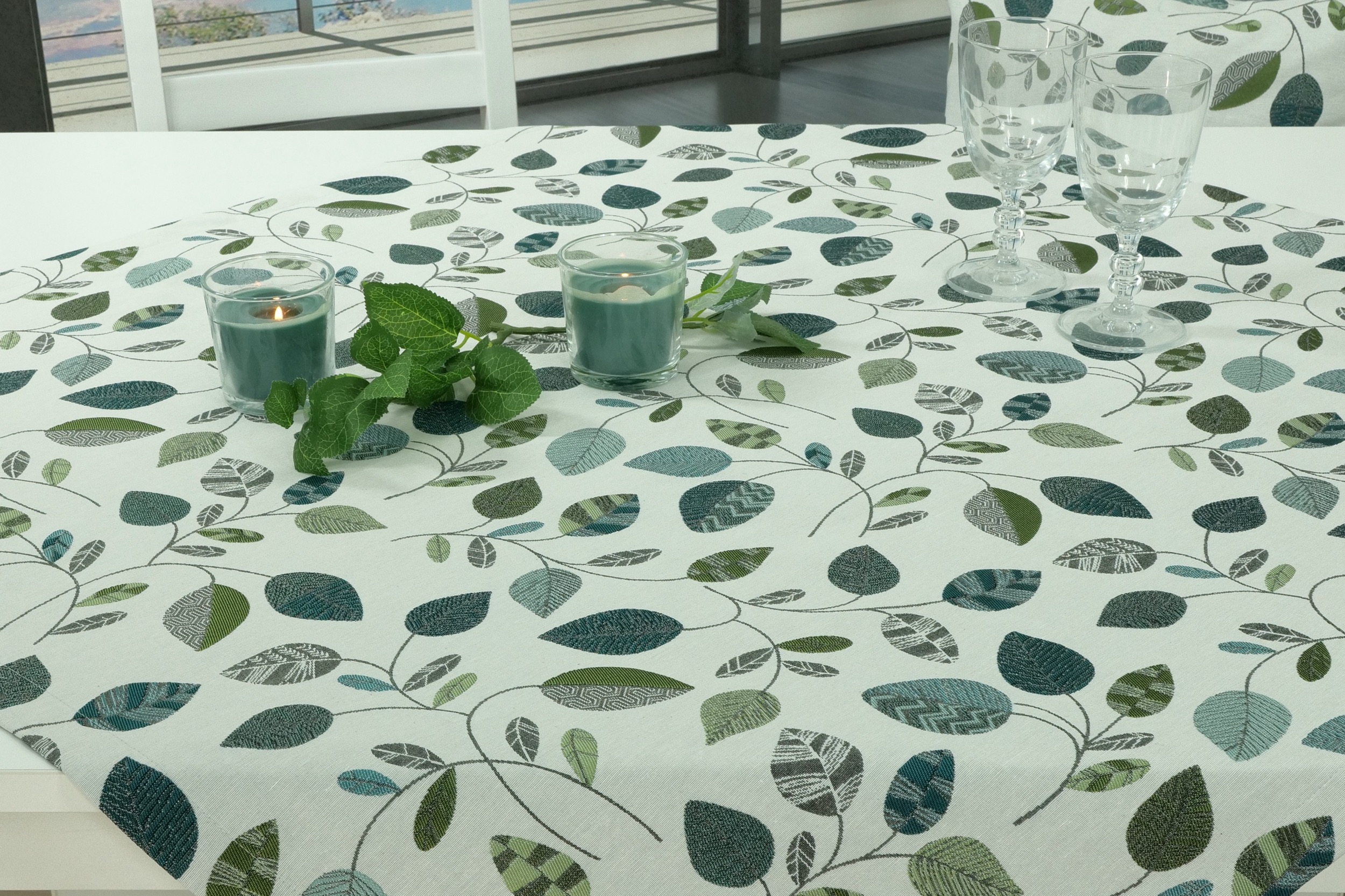 Tischdecke mit Blätter Grün Blau gemustert Elota ab 80x80 cm - 200x200 cm QUADRATISCH