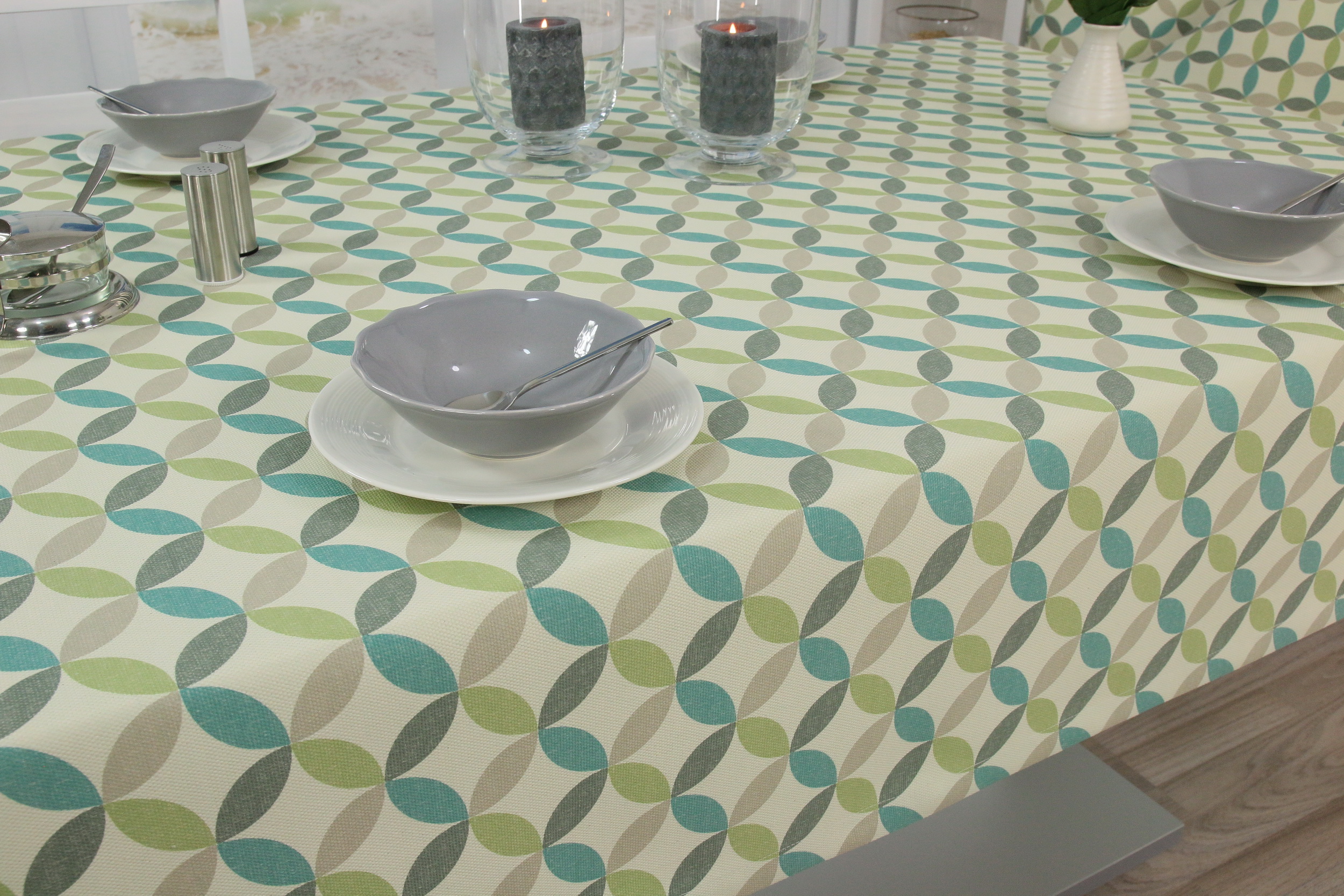 Tischdecke mit Fleckschutz Beige Lindgrün Muster Venezia Breite 110 cm