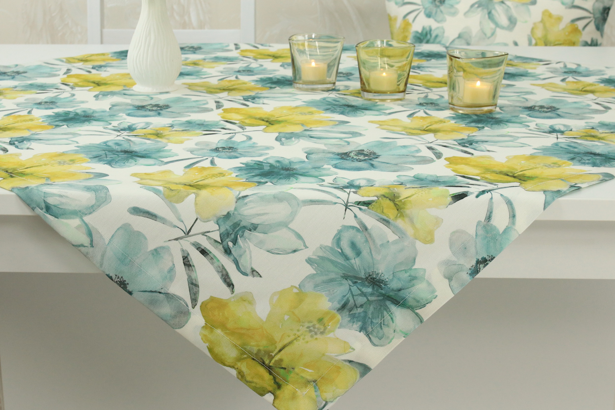 Tischdecke mit Fleckschutz Ozeanblau Flower Muster ab 80x80 cm - 158x158 cm QUADRATISCH
