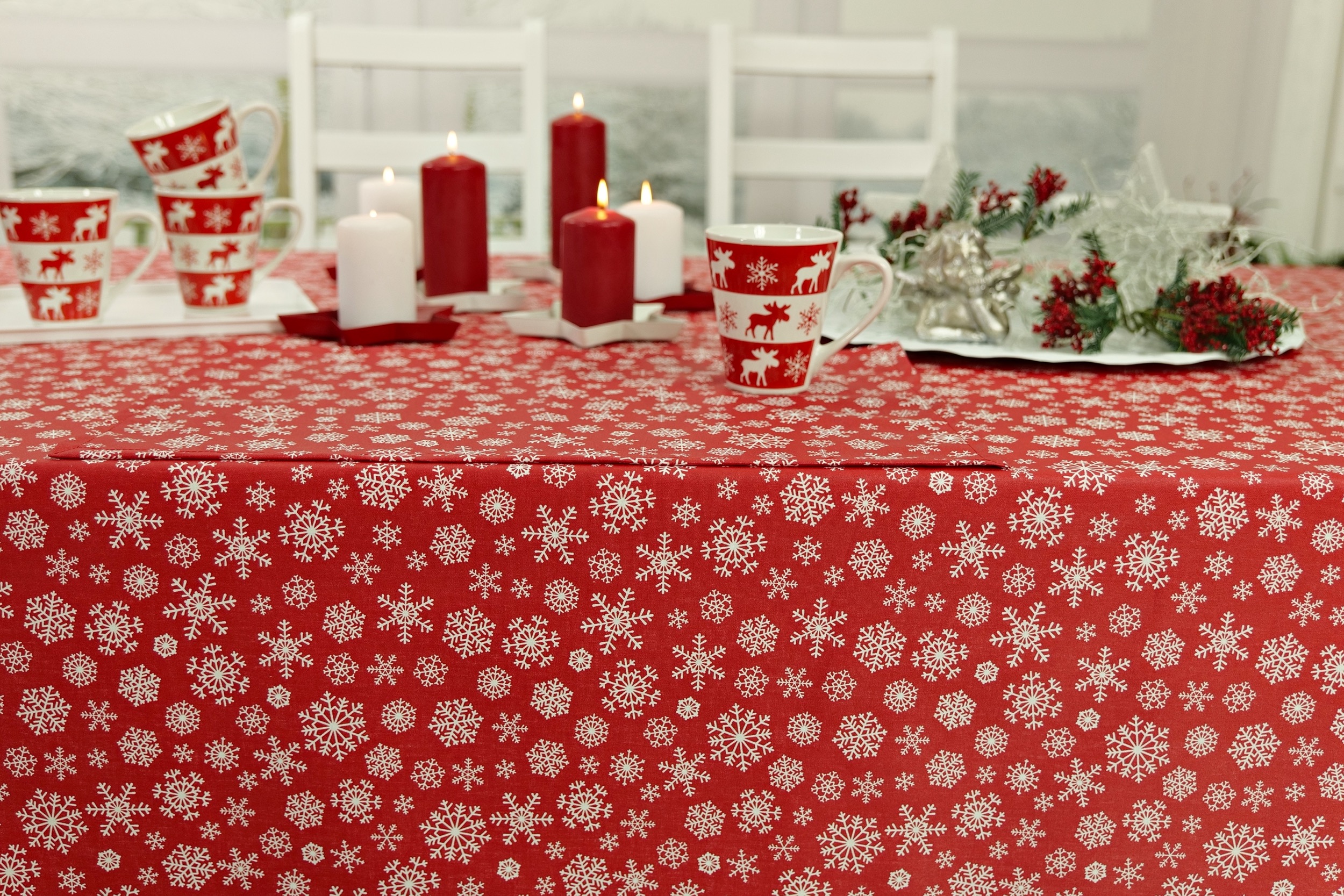 Abwaschbare Tischwäsche Rot Weihnachtsmotiv Schneeflocke Breite 110 cm