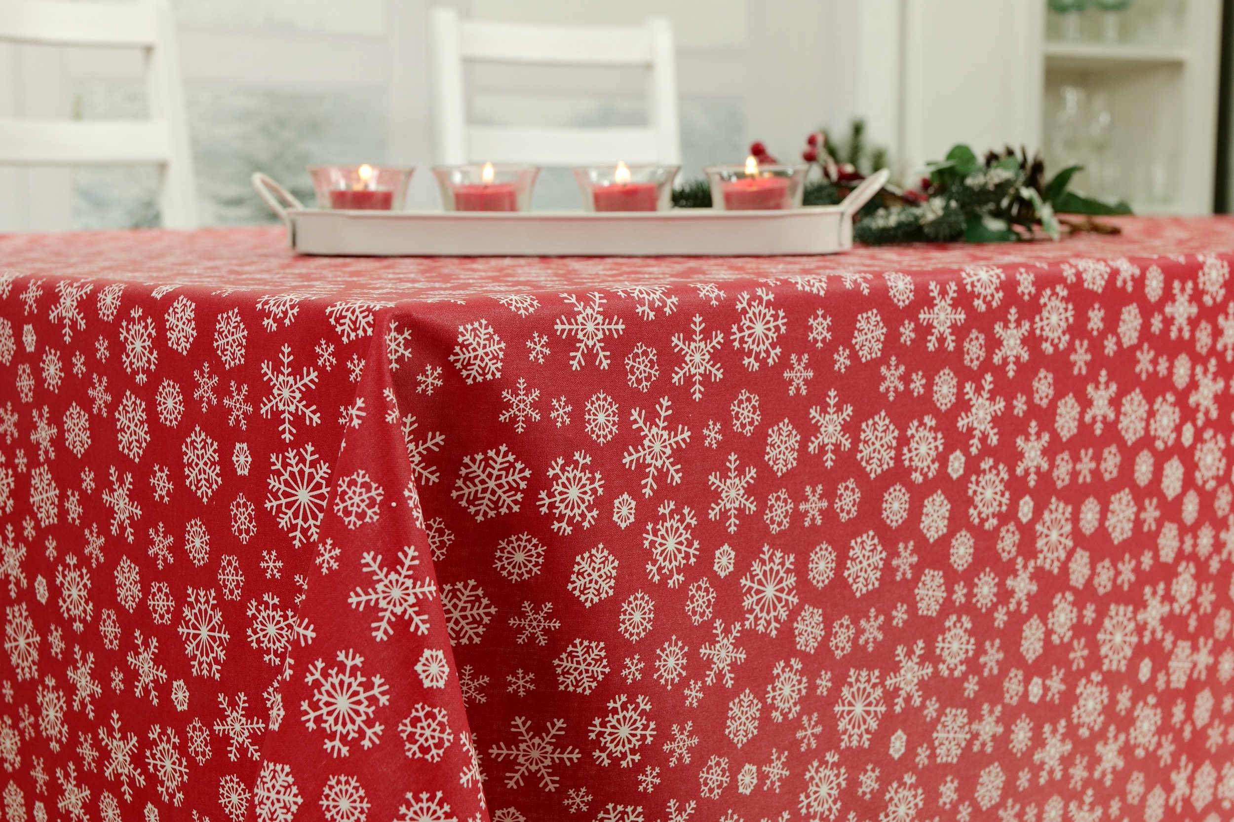 Abwaschbare Tischwäsche Rot Weihnachtsmotiv Schneeflocke ab 80x80 cm - 138x138 cm QUADRATISCH