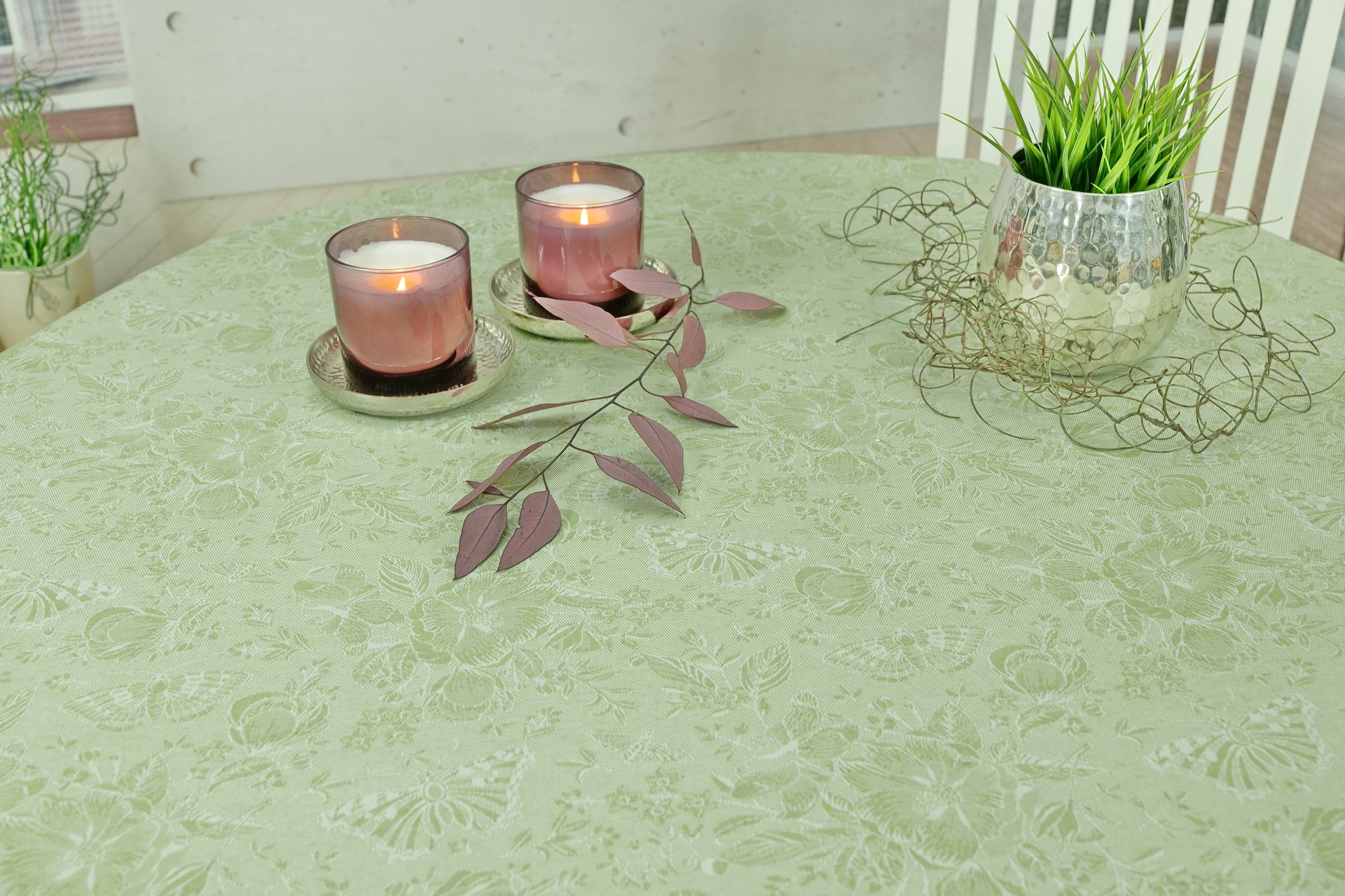 Tischdecke abwaschbar Pistaziengrün gemustert Helen Breite 100 cm OVAL