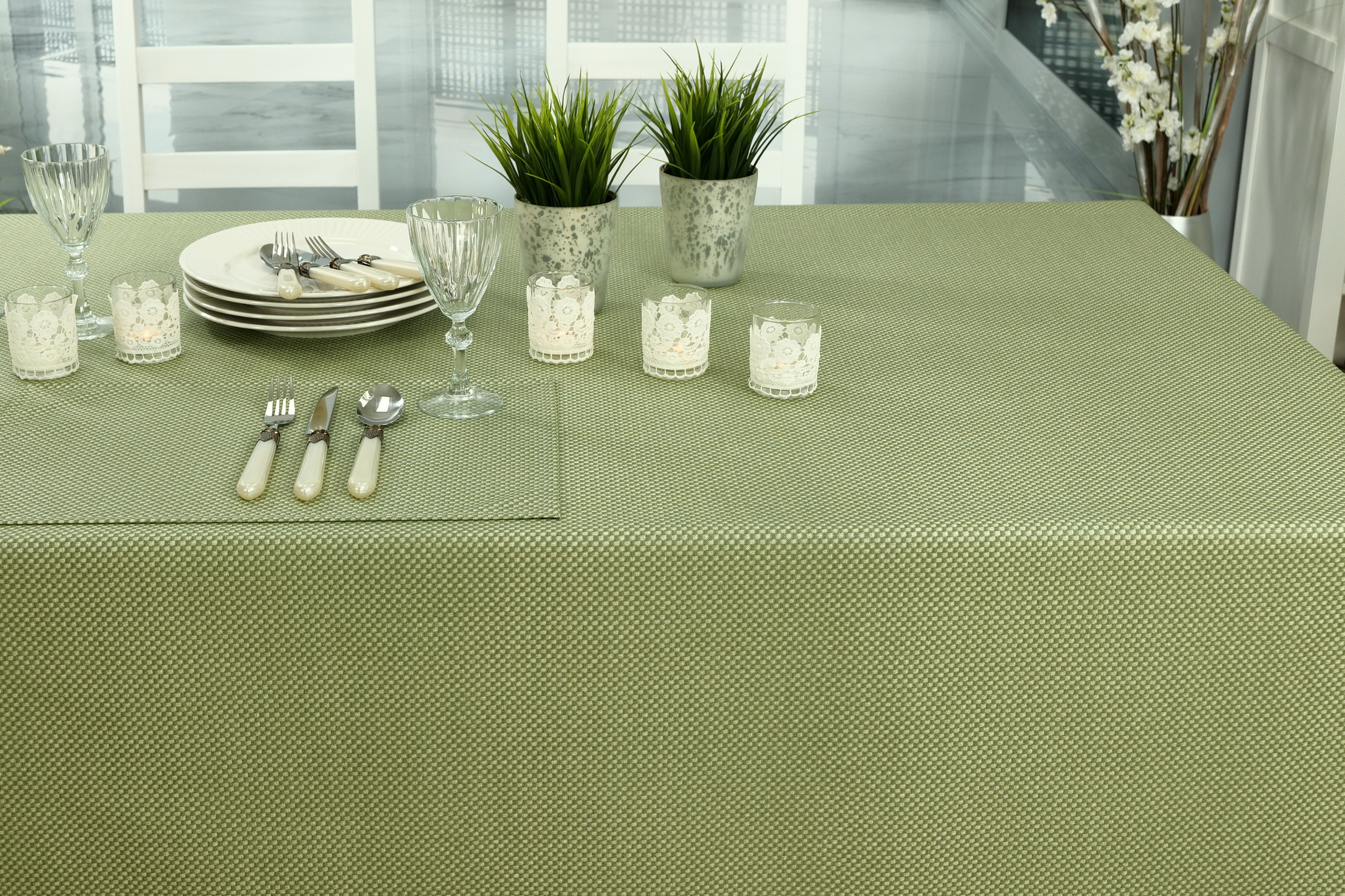 Abwaschbare Anti Rutsch Tischdecke Grün gemustert Peculiari Breite 170 cm