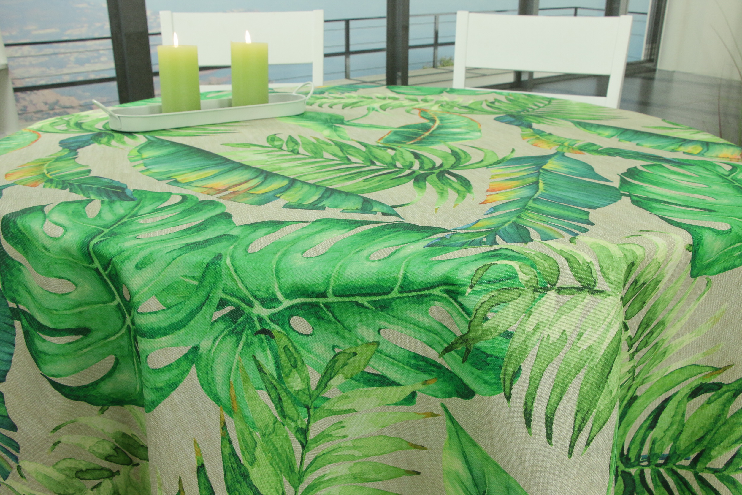 Tischdecke abwaschbar Natur Grün Muster Palmblätter ab Ø 80 cm bis 138 cm RUND