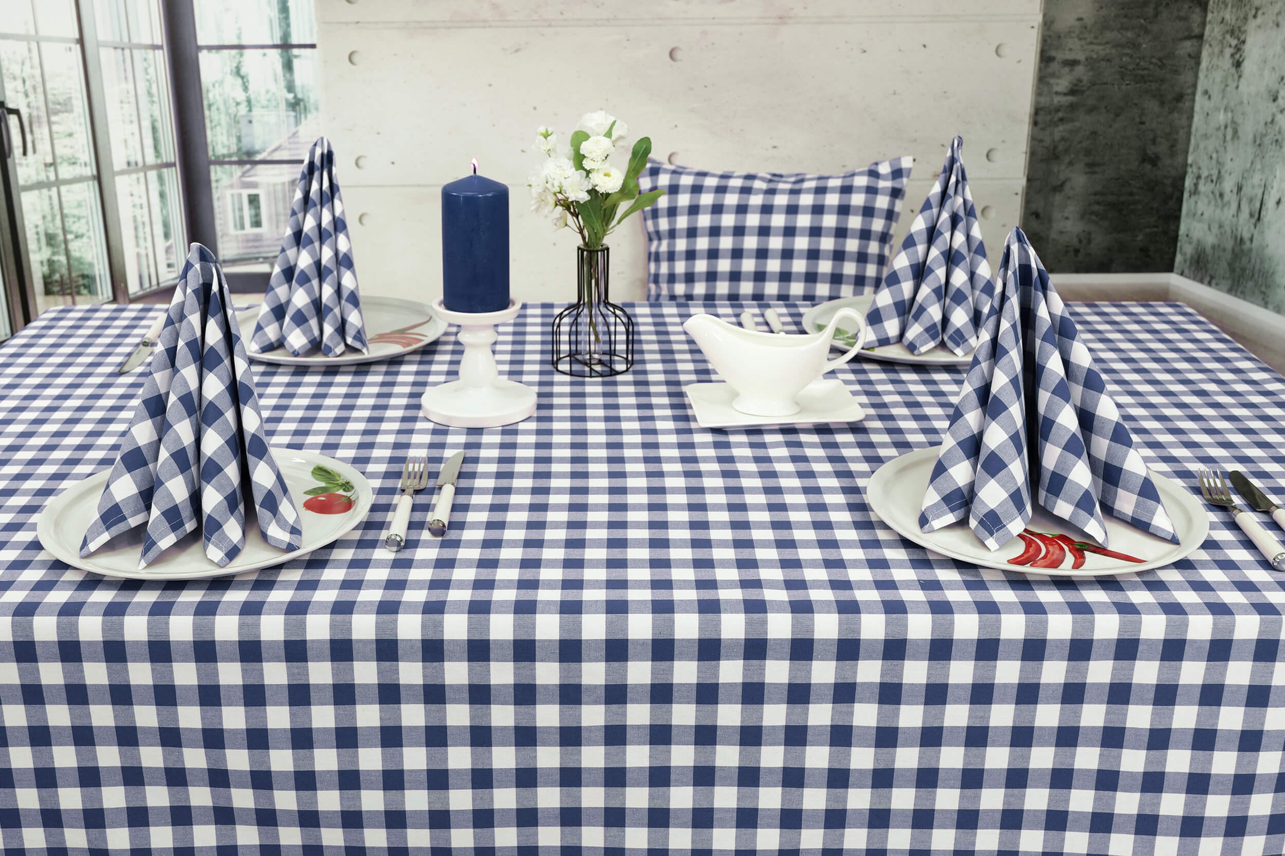 Karierte Tischdecke Blau Weiß Cuadros Breite 90 cm