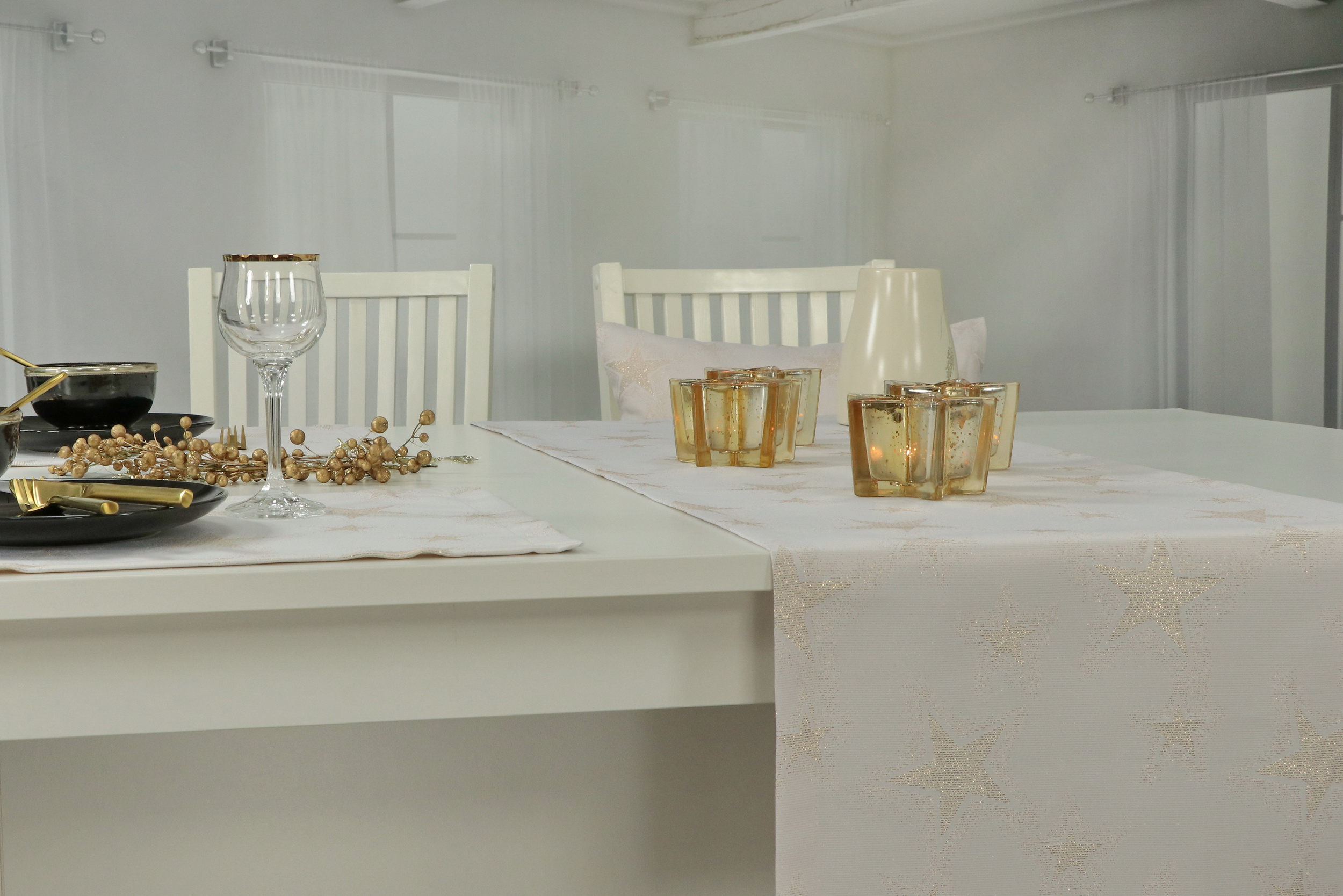 Weihnachtstischläufer mit Fleckschutz Advent champagner goldene Sterne Breite 40 cm