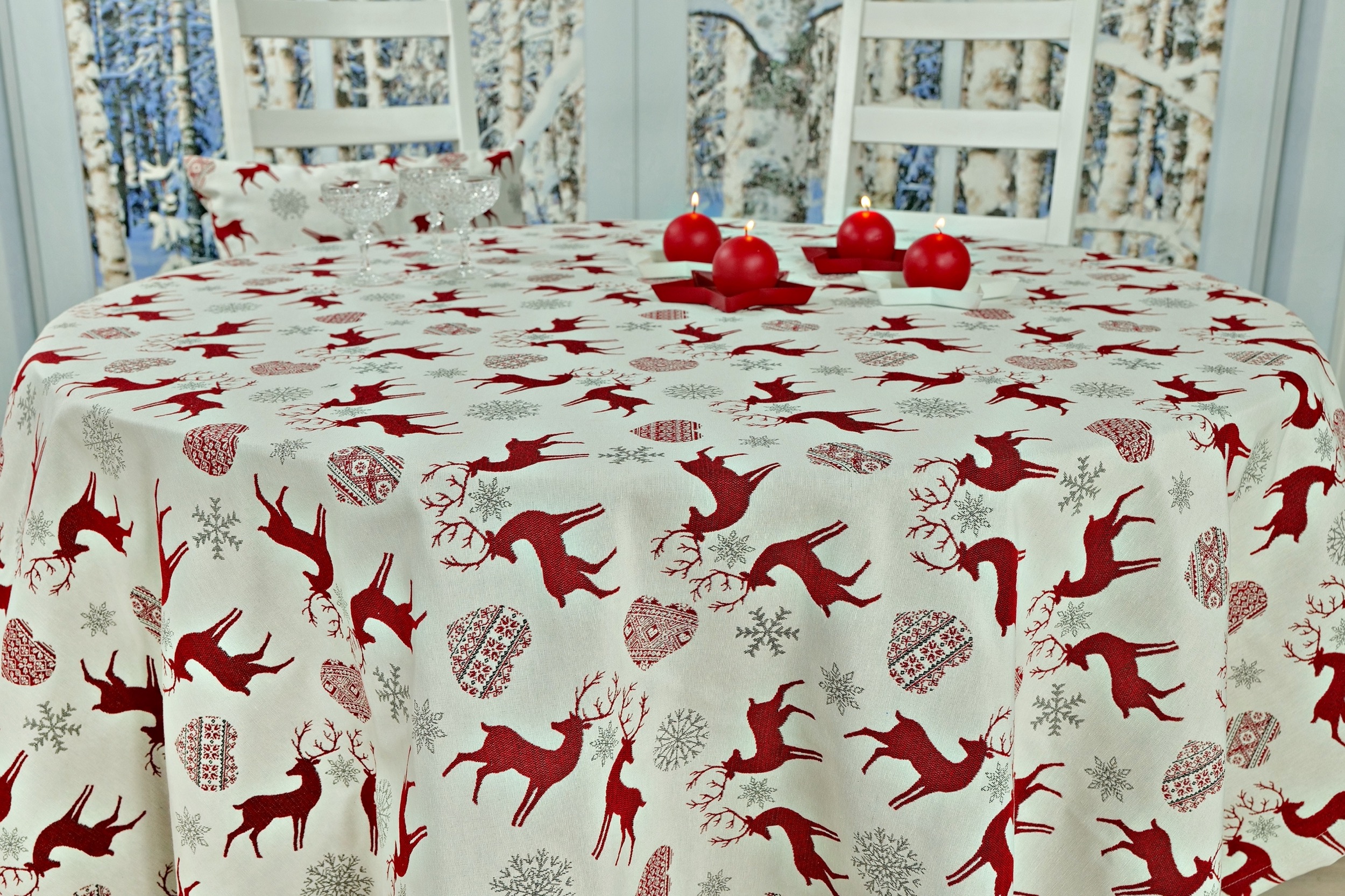 Weihnachtstischdecke Hellgrau Kirschrot Muster Rentier ab 80 cm bis 200 cm RUND