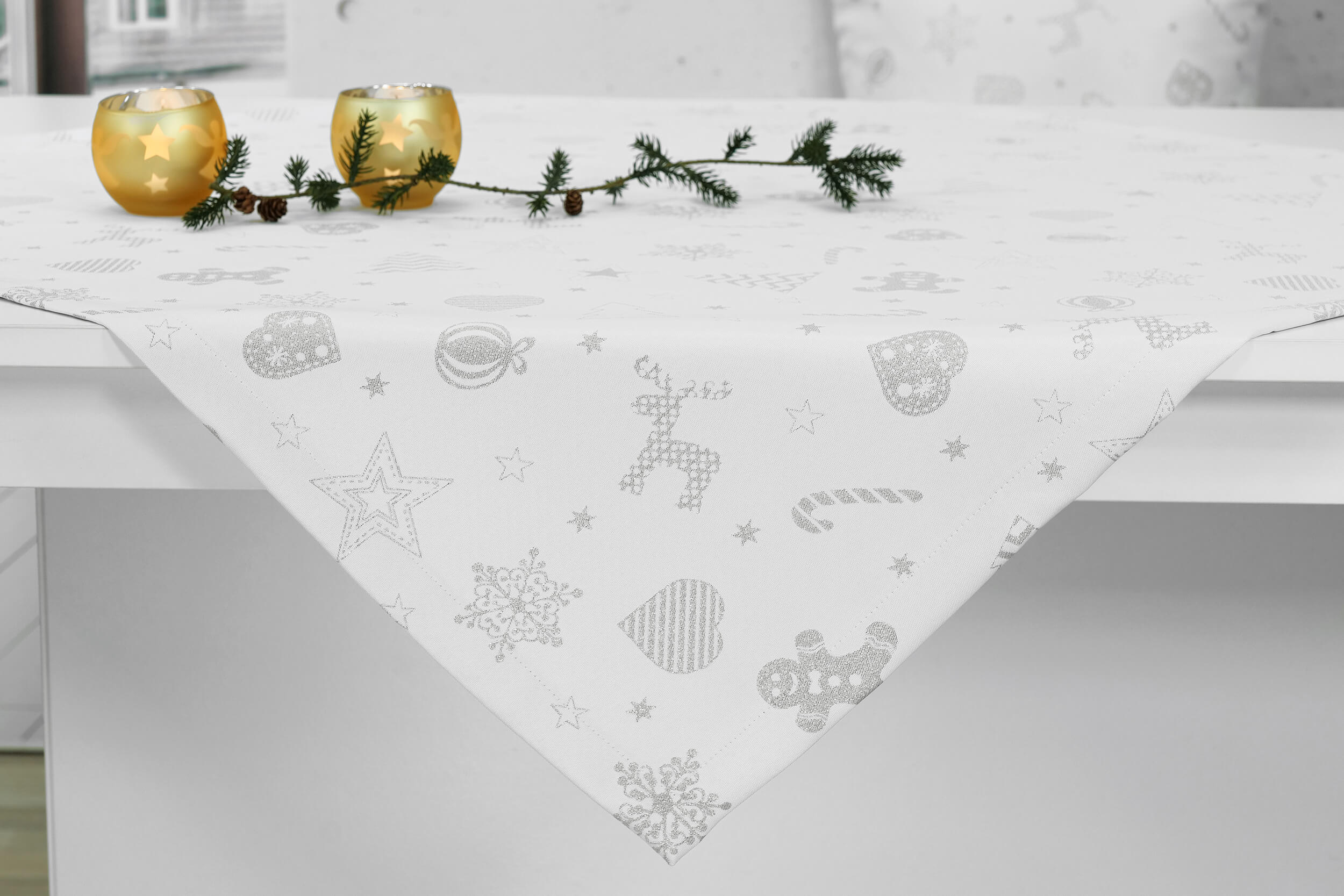 Weiße Tischdecke mit Fleckschutz Muster Silber Estrello ab 80x80 cm – 150x150 cm QUADRATISCH