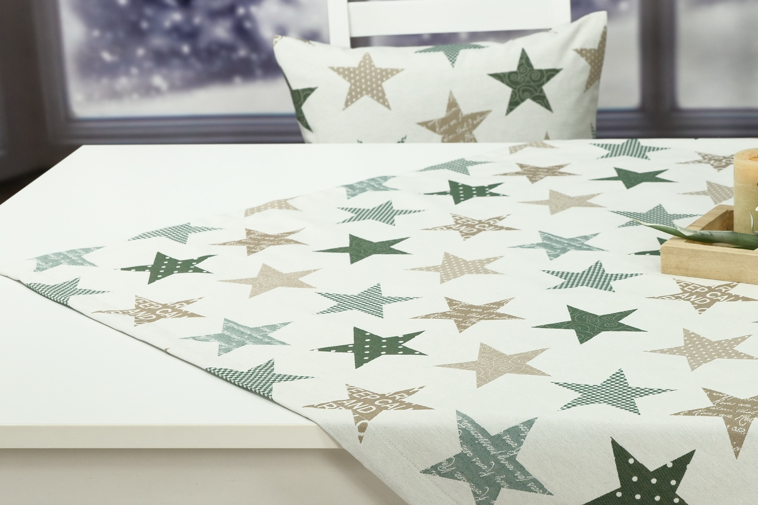 Moderne Weihnachtstischdecke Beige Grün Sterne ab 80x80 cm - 200x200 cm QUADRATISCH